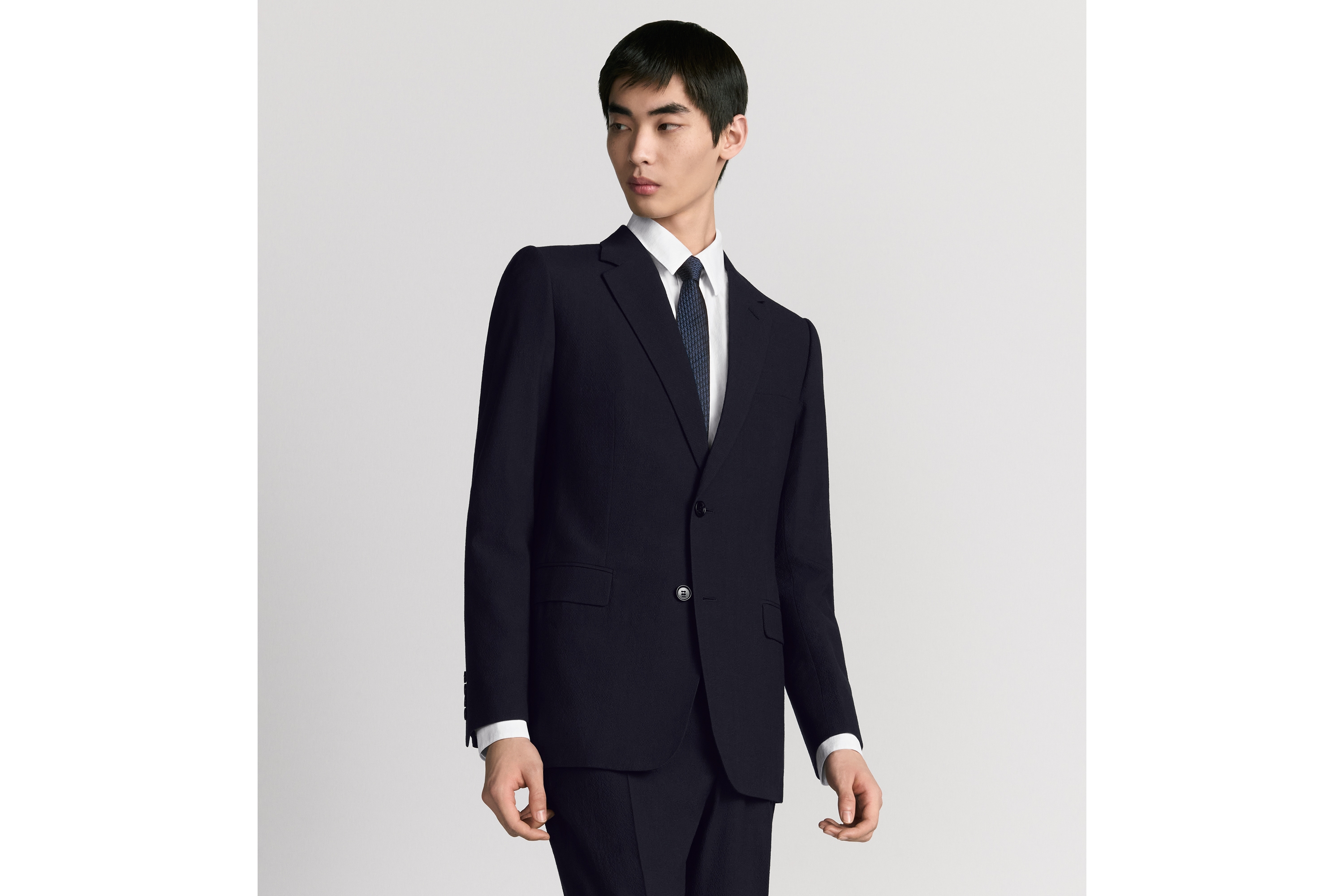 Look Classic Half-Lined Suit Navy Blue Virgin Wool-Blend Seersucker E01