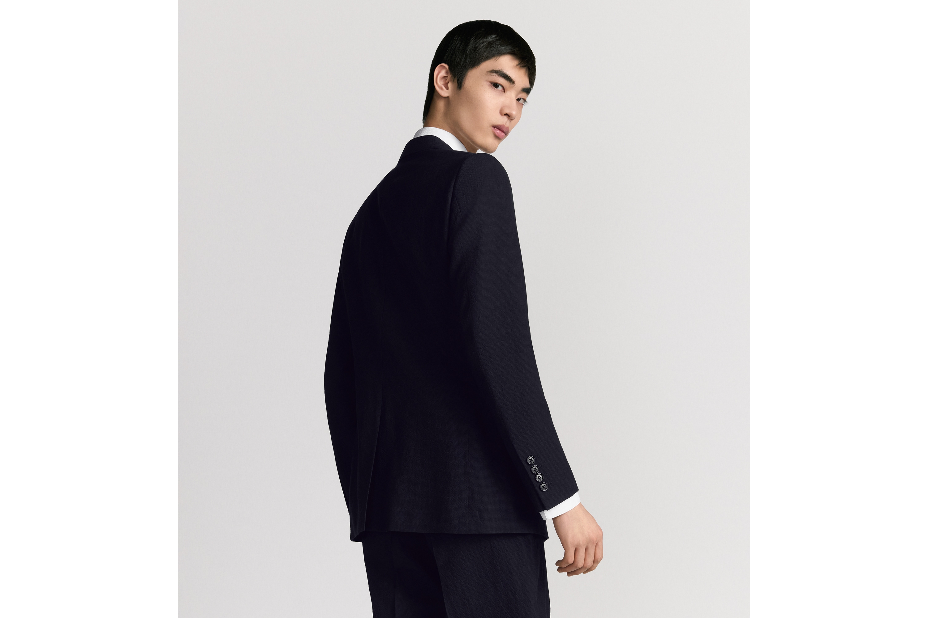 Look Classic Half-Lined Suit Navy Blue Virgin Wool-Blend Seersucker E03