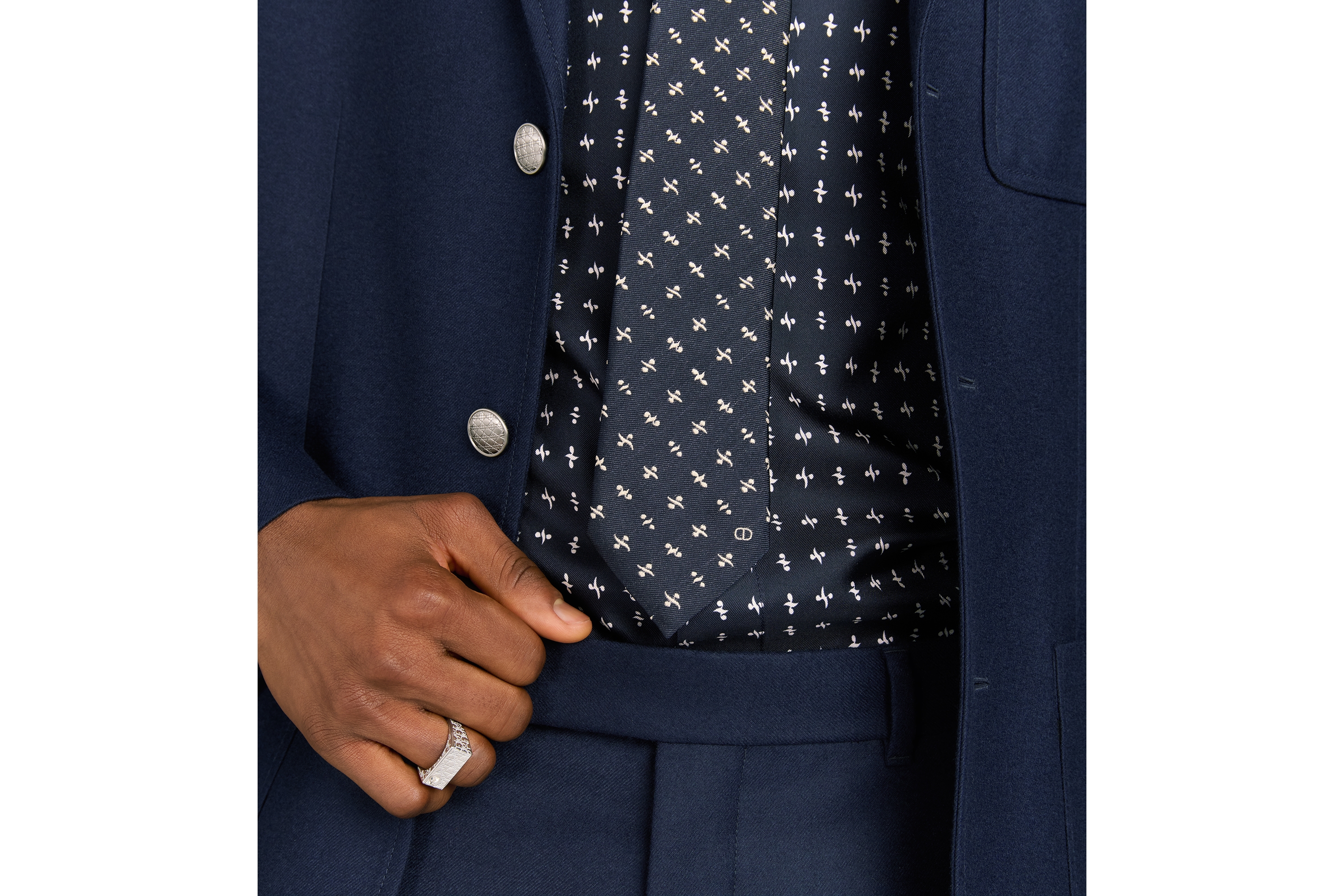 Look Monsieur Dior Tie Navy Blue and White Silk E36