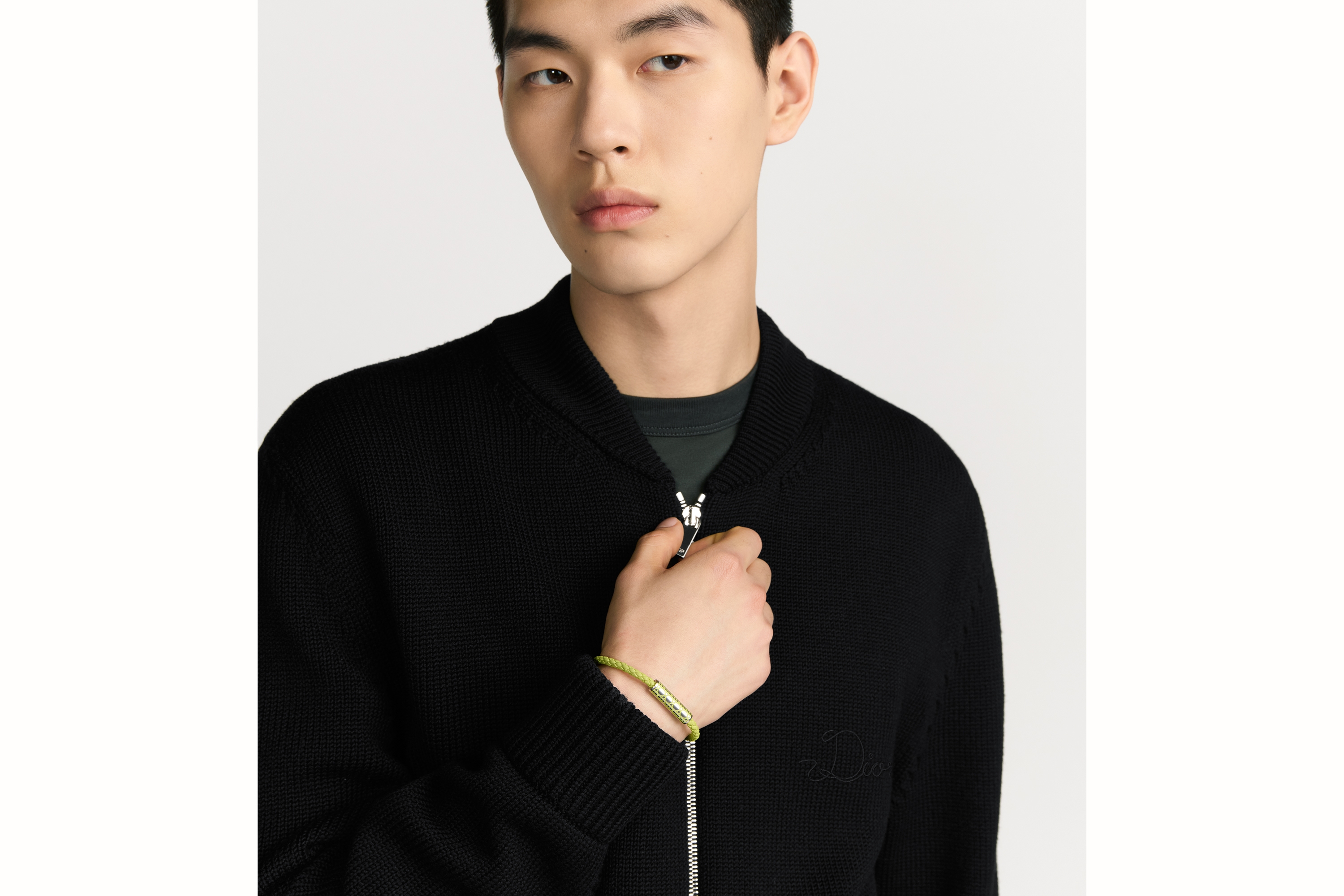 Cannage Woven Leather Bracelet Green Calfskin, Silver-Finish Brass and Green Lacquer E39