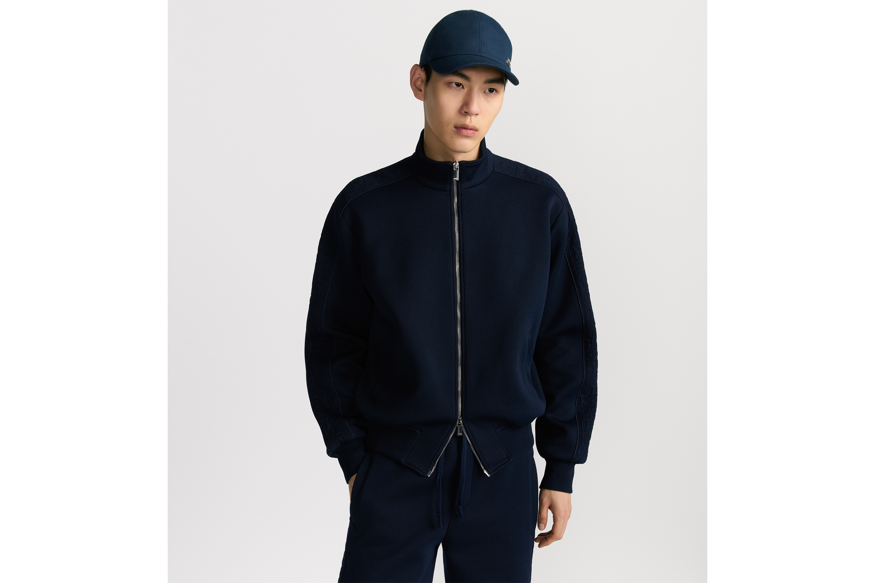 Look Dior Oblique Track Jacket Navy Blue Cotton-Blend Jersey E01