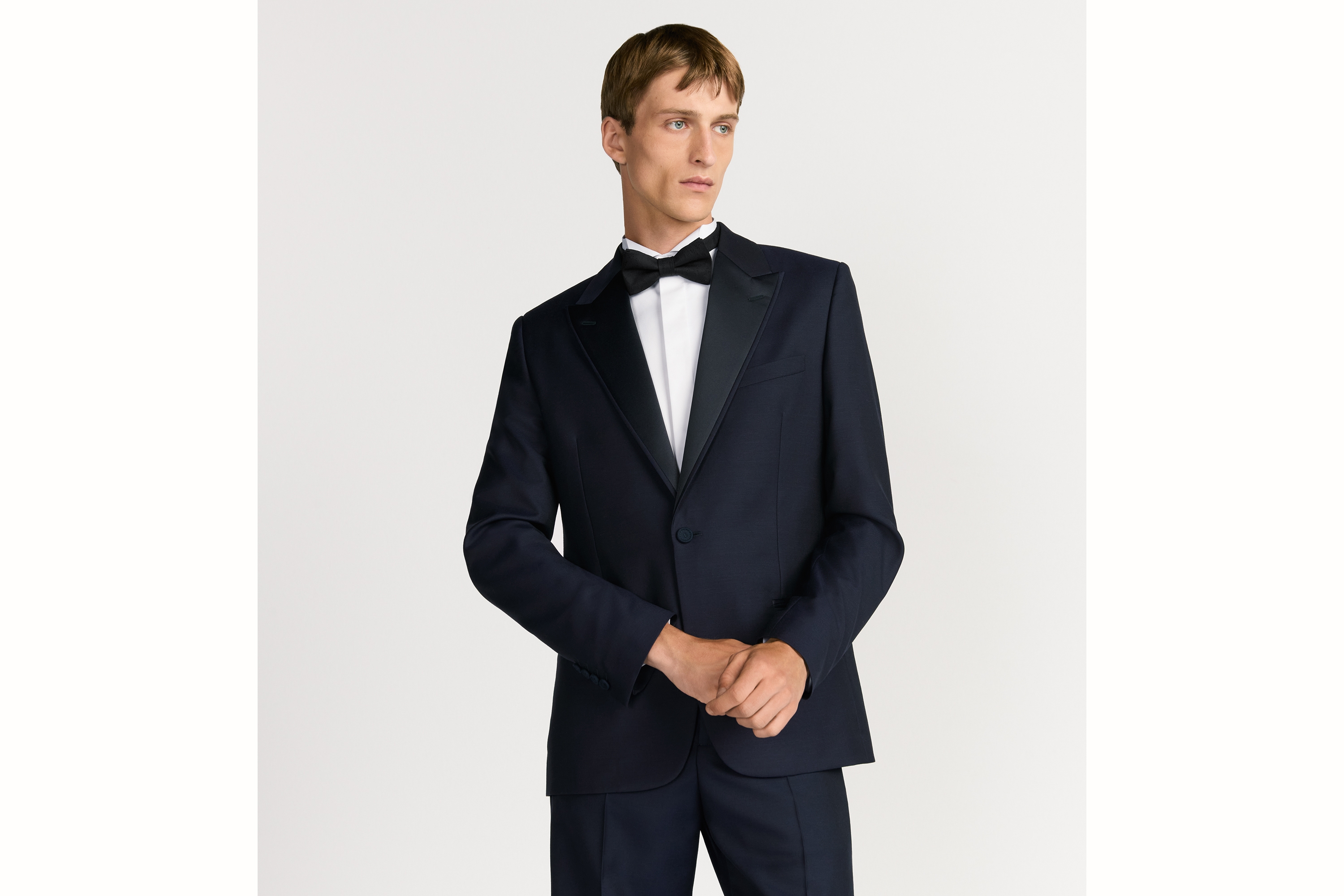 Jacket with Satin Detailing Blue Wool and Mohair Jacquard E01