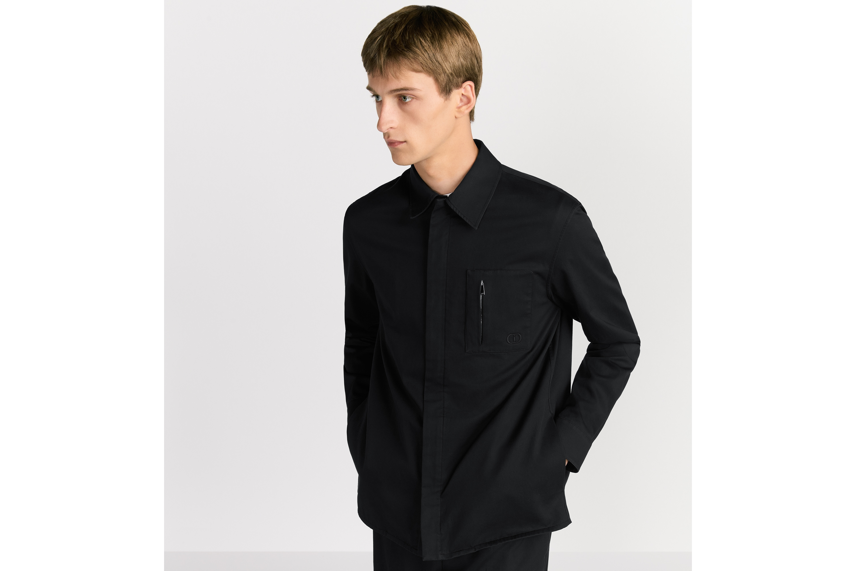 Look Zipped Shirt with CD Icon Embroidery Black Cotton Gabardine E01