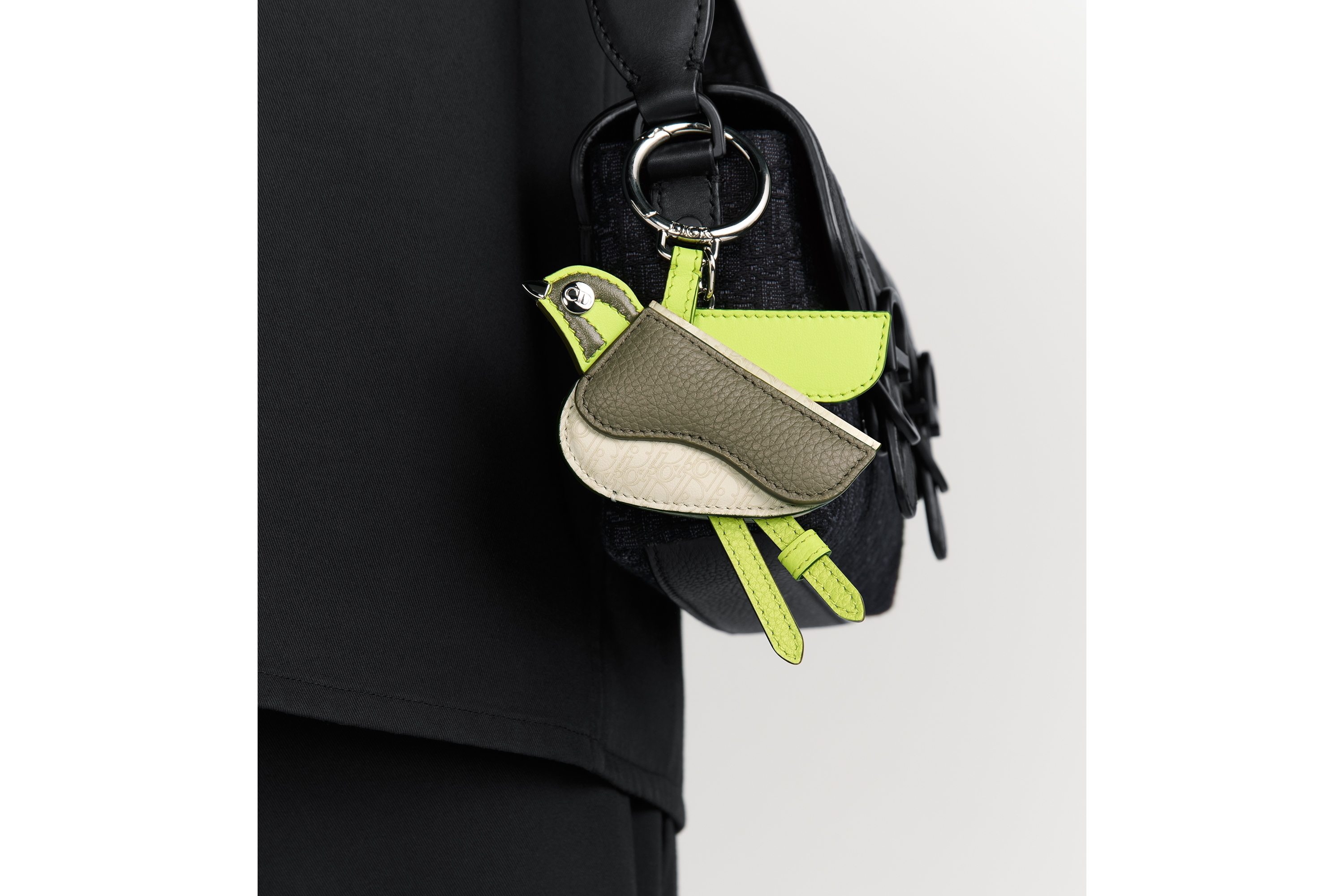 Look Saddle Bird Key Ring Green Smooth Calfskin, Khaki Grained Calfskin, Beige Micro Dior Oblique Calfskin E42
