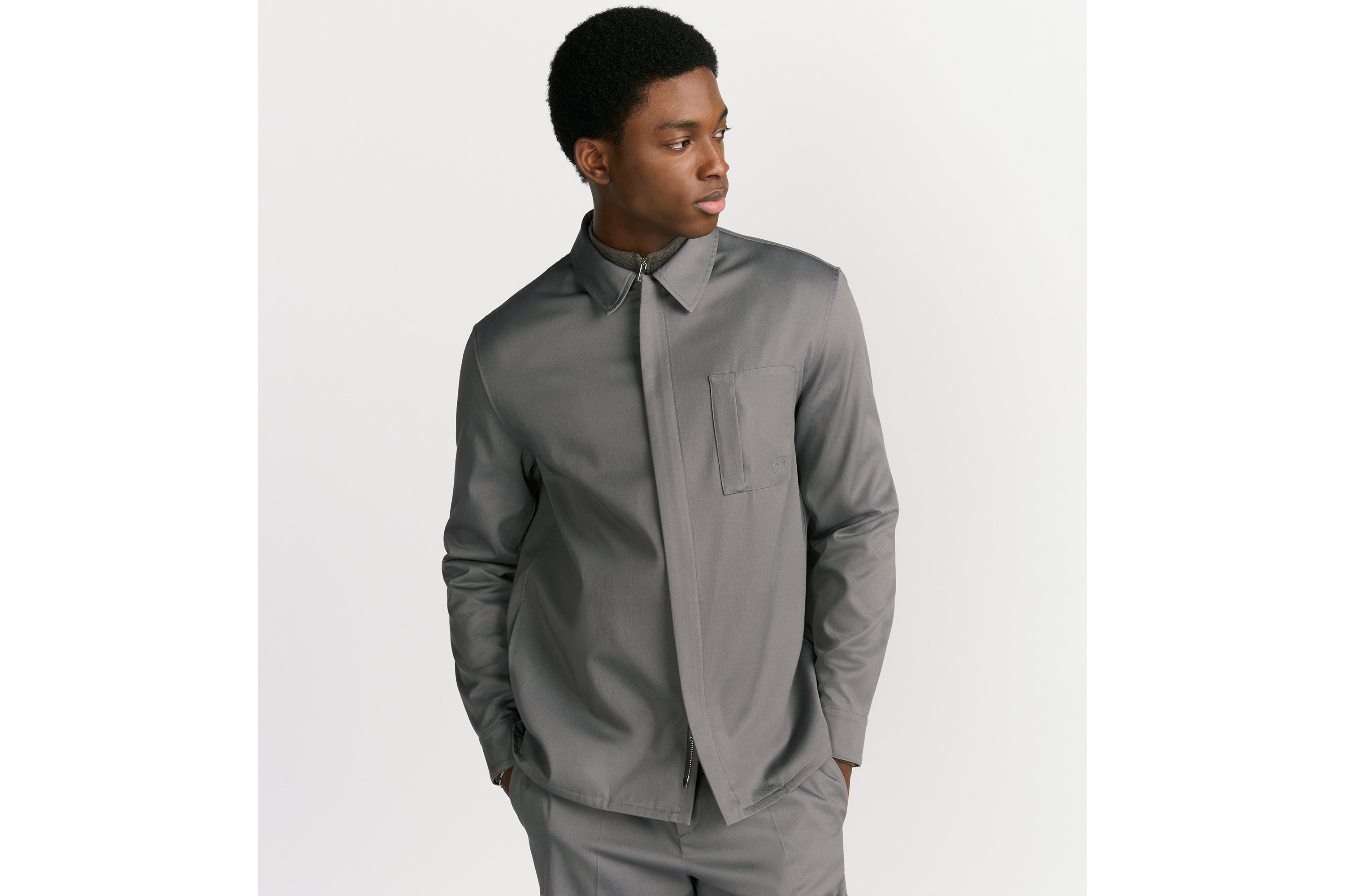 Look Zipped Shirt with CD Icon Embroidery Gray Cotton Gabardine E01