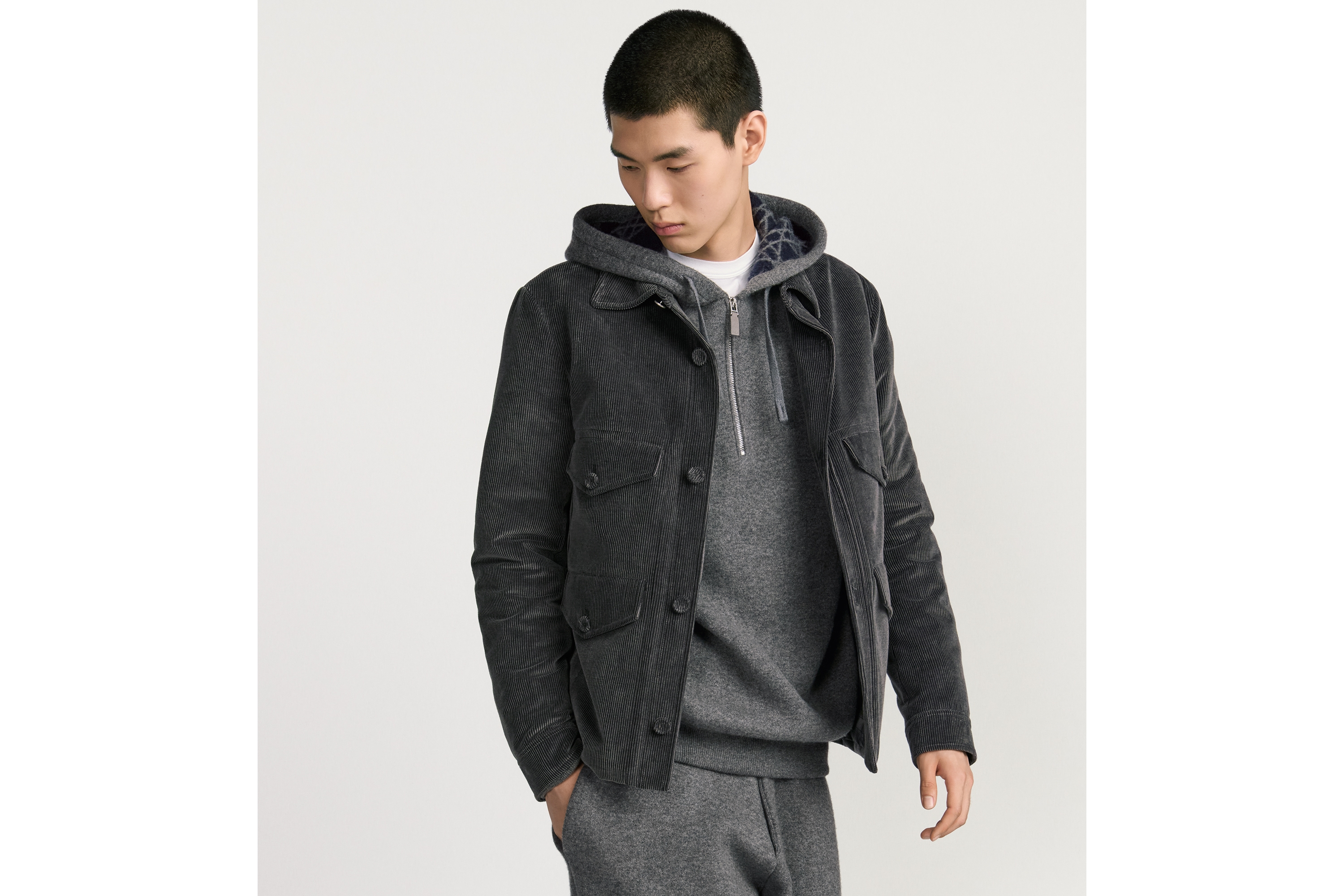 Look Dior Icons Safari Jacket Gray Cotton and Cashmere Corduroy E01