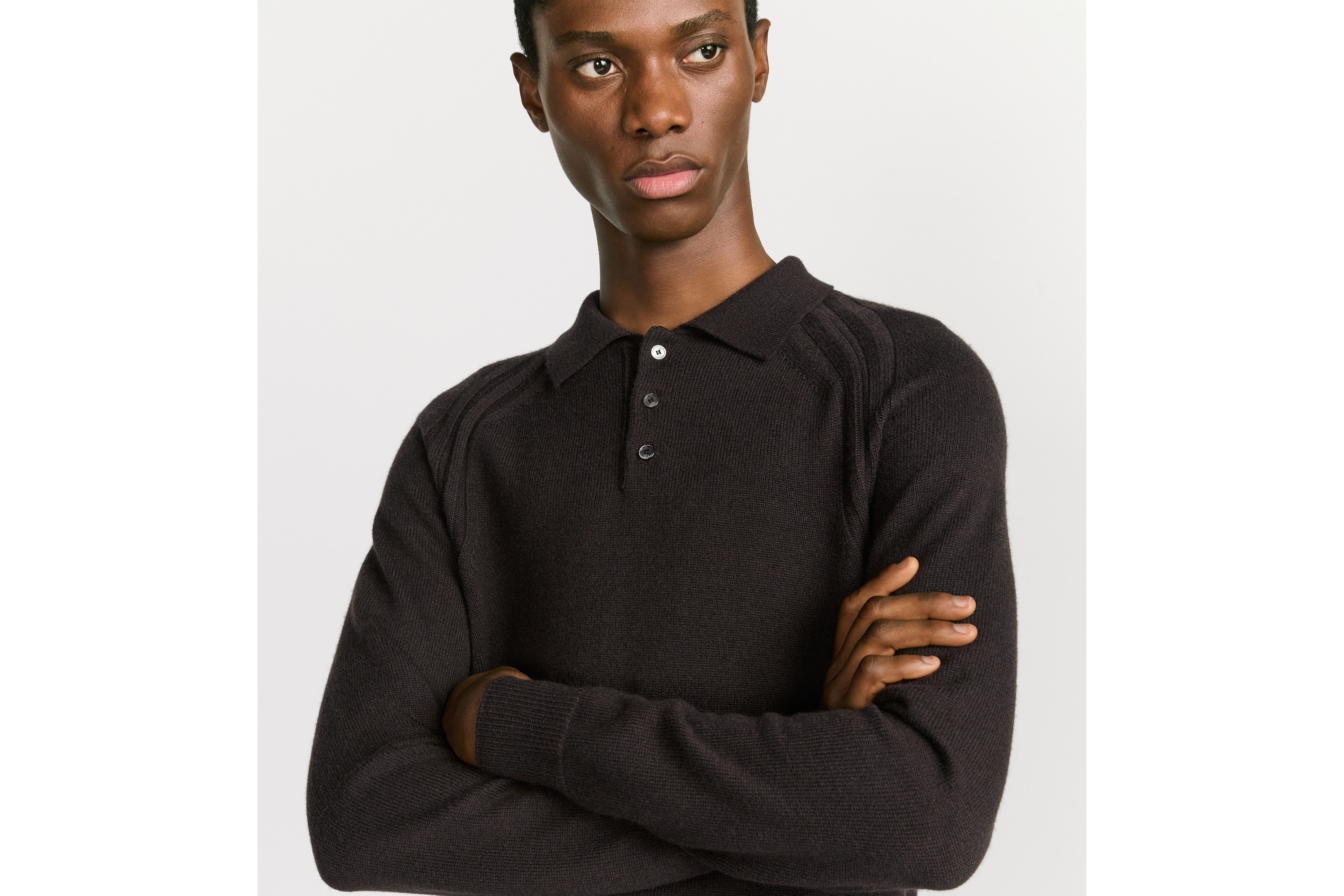 Look Dior Icons Long-Sleeved Polo Shirt Brown Cashmere Jersey E07