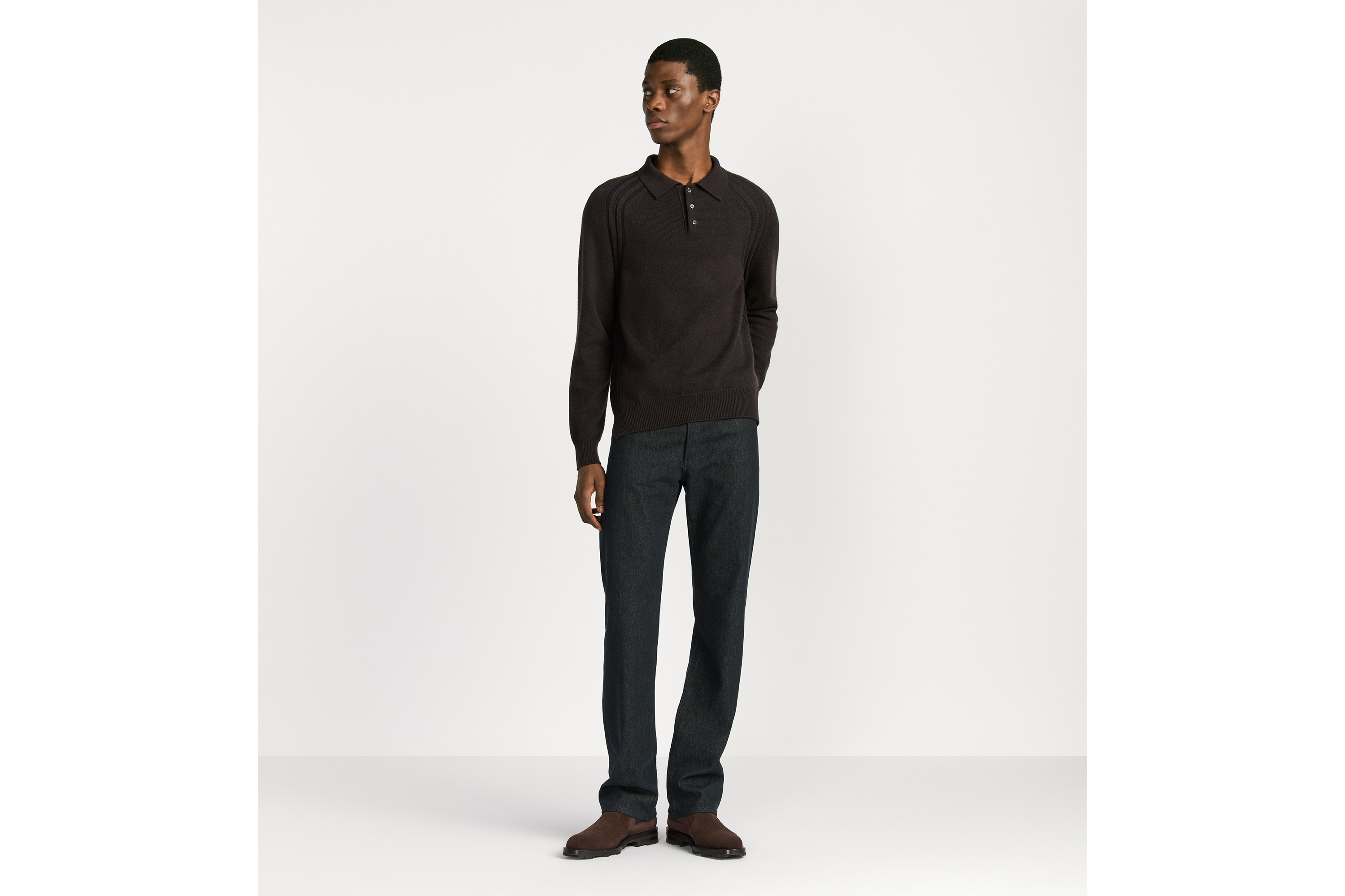 Look Dior Icons Long-Sleeved Polo Shirt Brown Cashmere Jersey E08