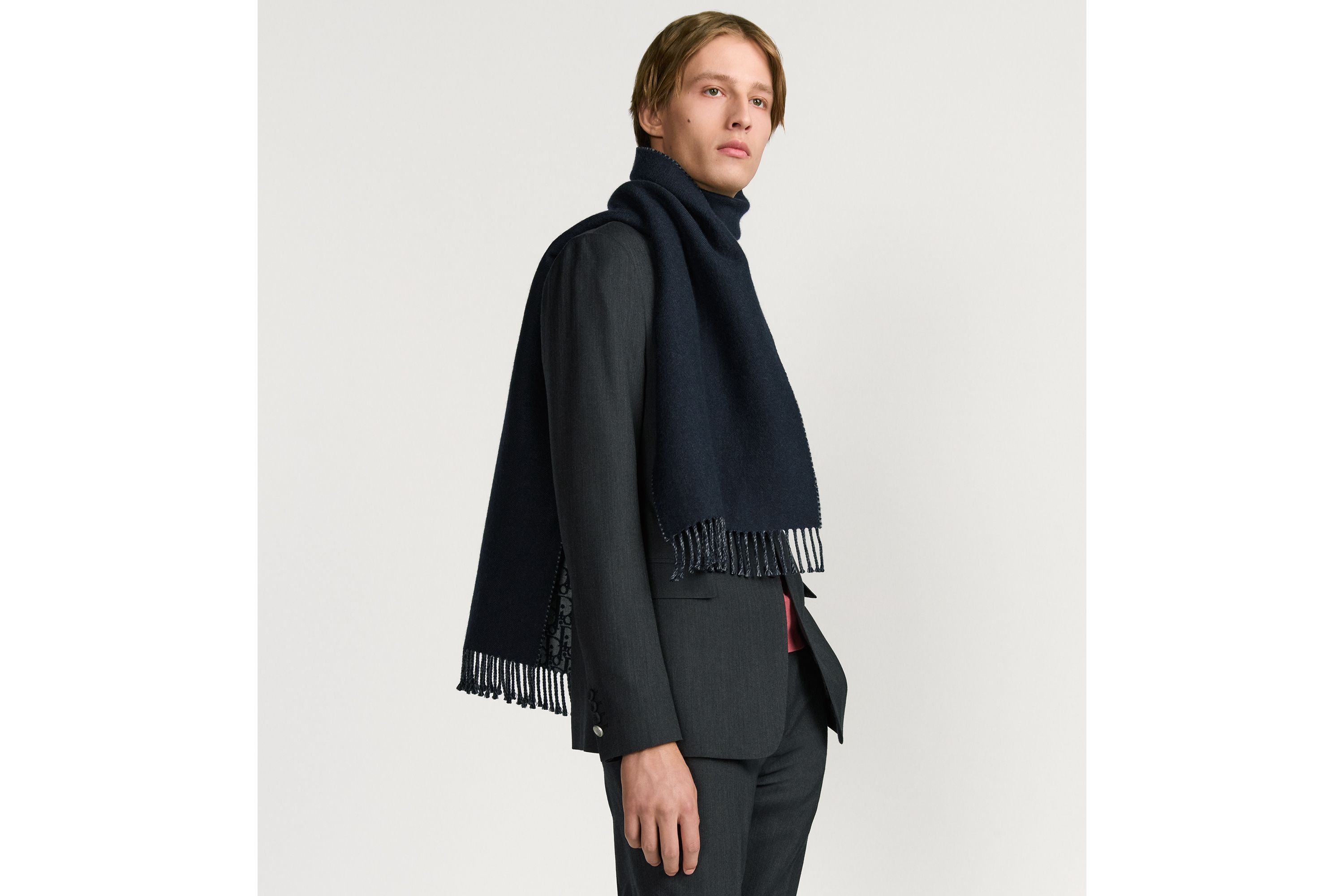 Look Dior Oblique Double-Sided Scarf Blue and Gray Wool and Cashmere E32