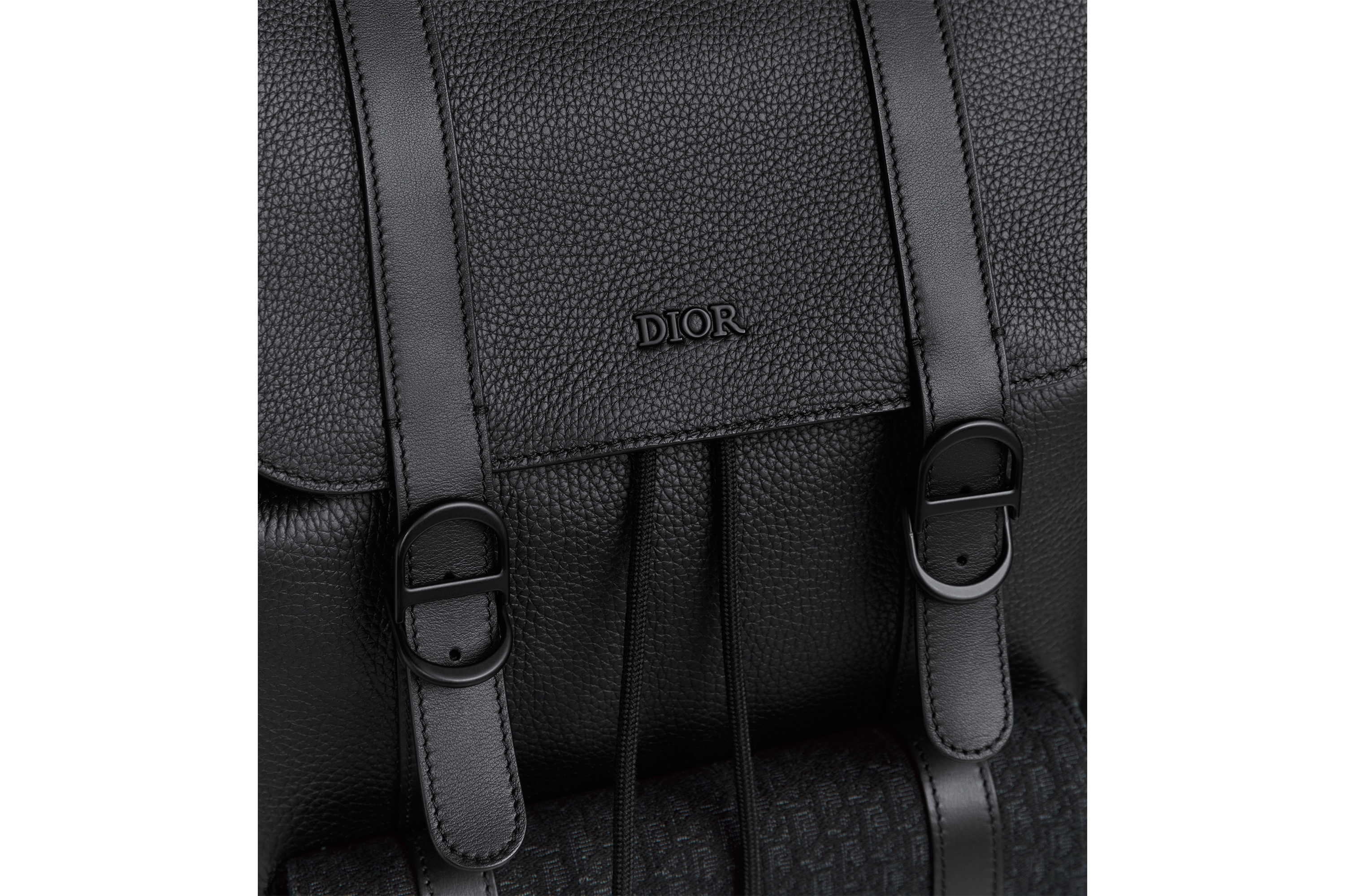 Look Dior Daily Backpack with Flap Black Grained Calfskin, Black Taurillon Leather and Black Micro Dior Oblique Jacquard E20