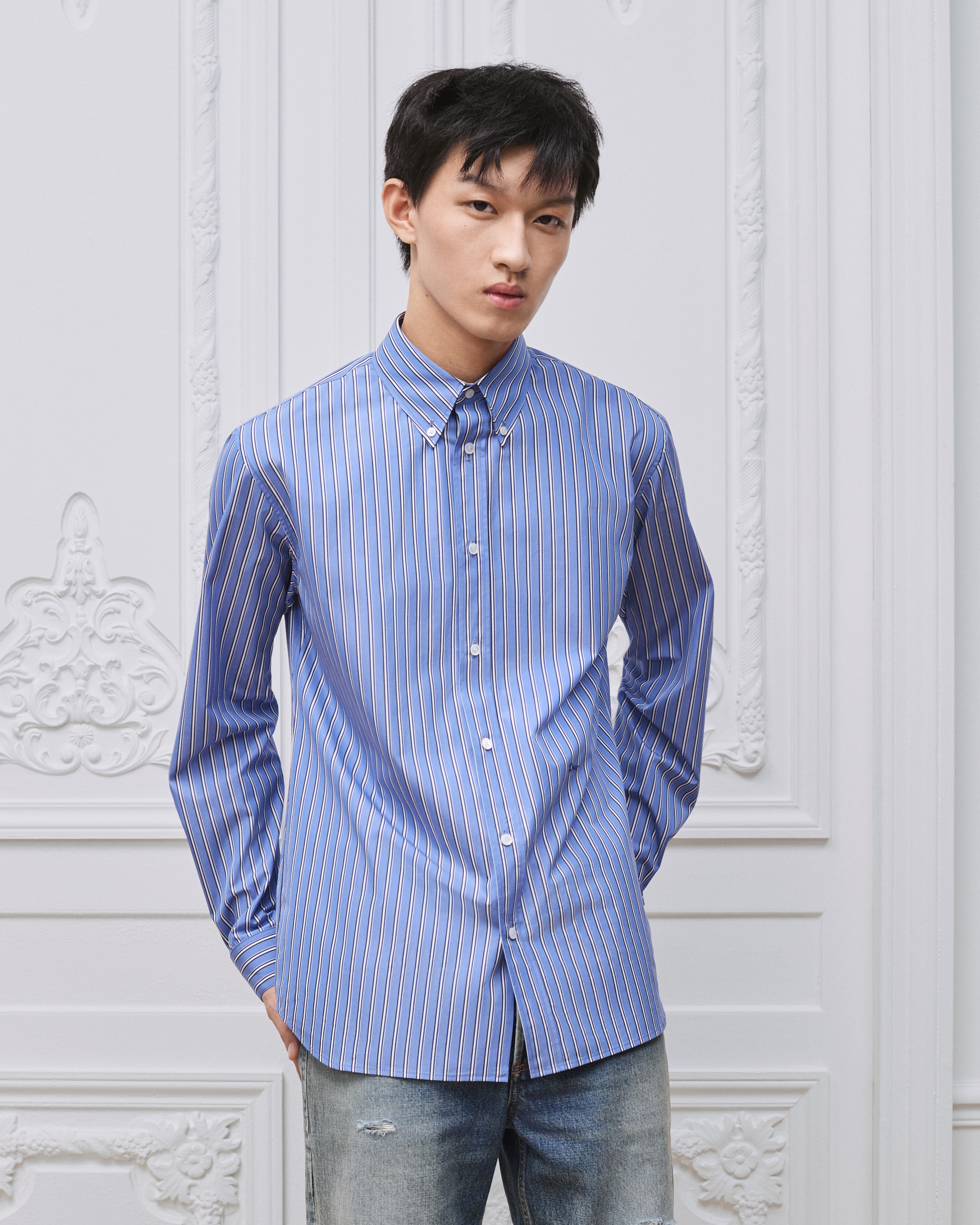 Chemise à broderie Dior Popeline de coton bleu à rayures E07