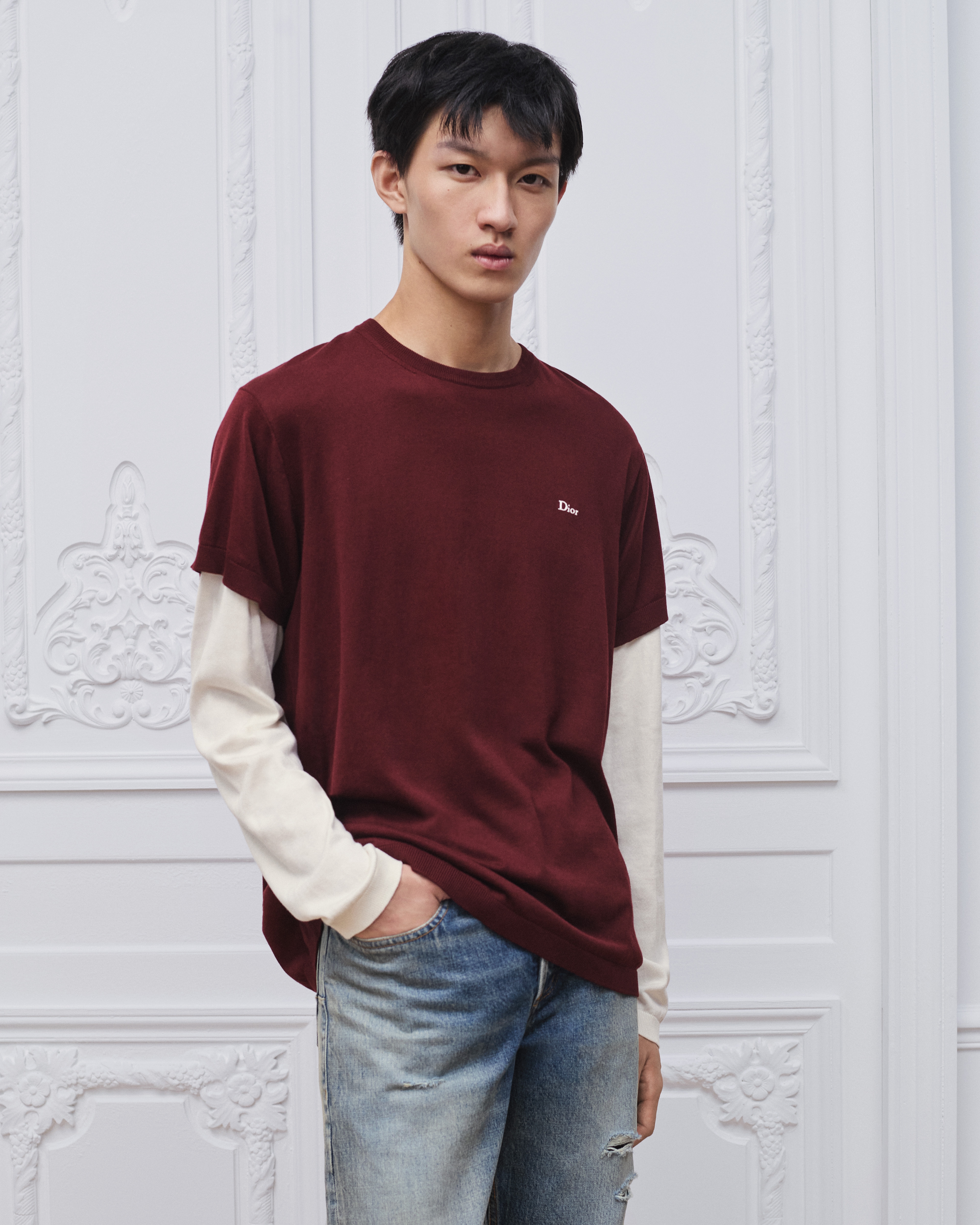 Long-Sleeved T-Shirt Burgundy Cotton-Silk Jersey E07