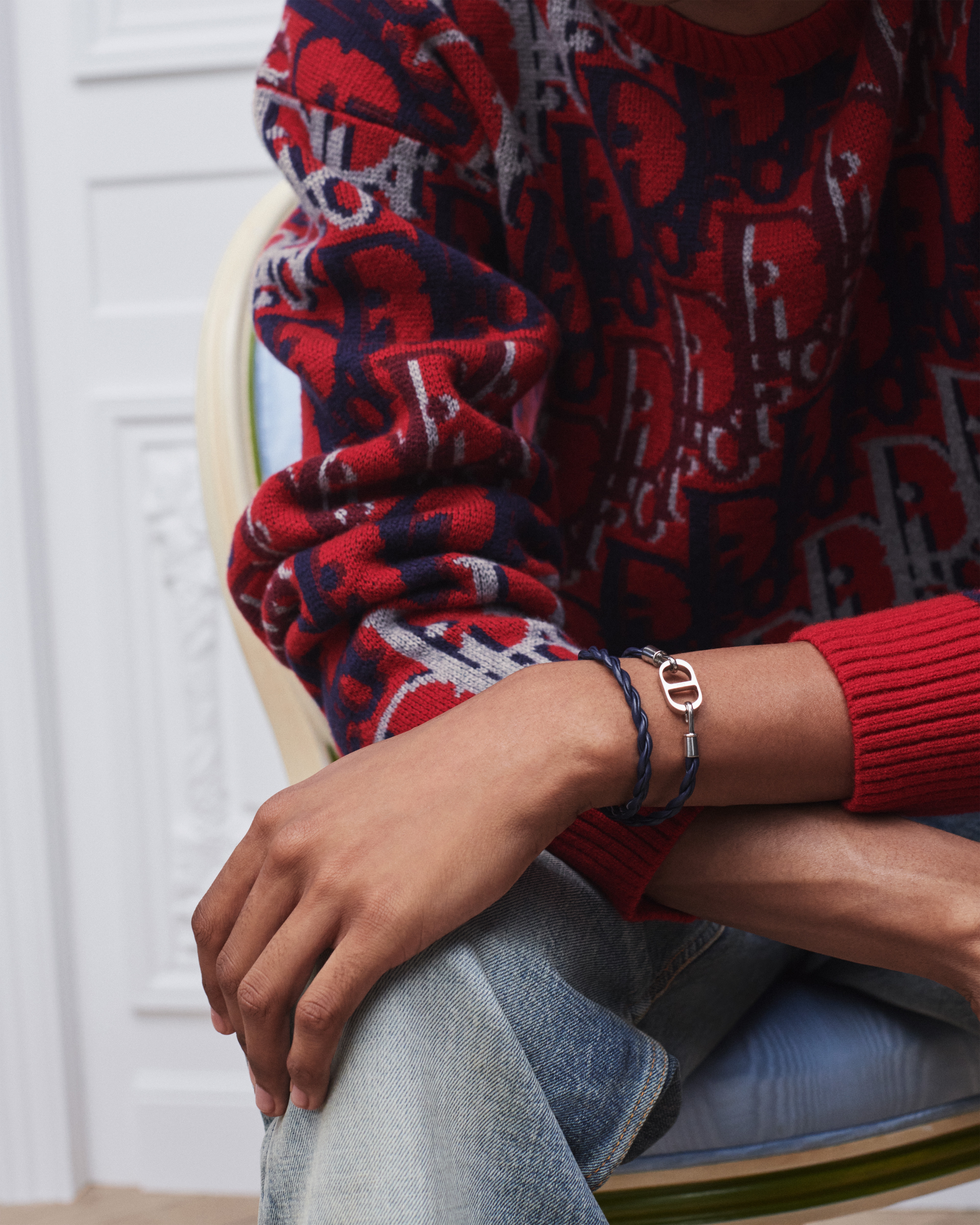 Look CD Icon Woven Leather Double Bracelet Navy Blue Calfskin and Silver-Finish Brass E39