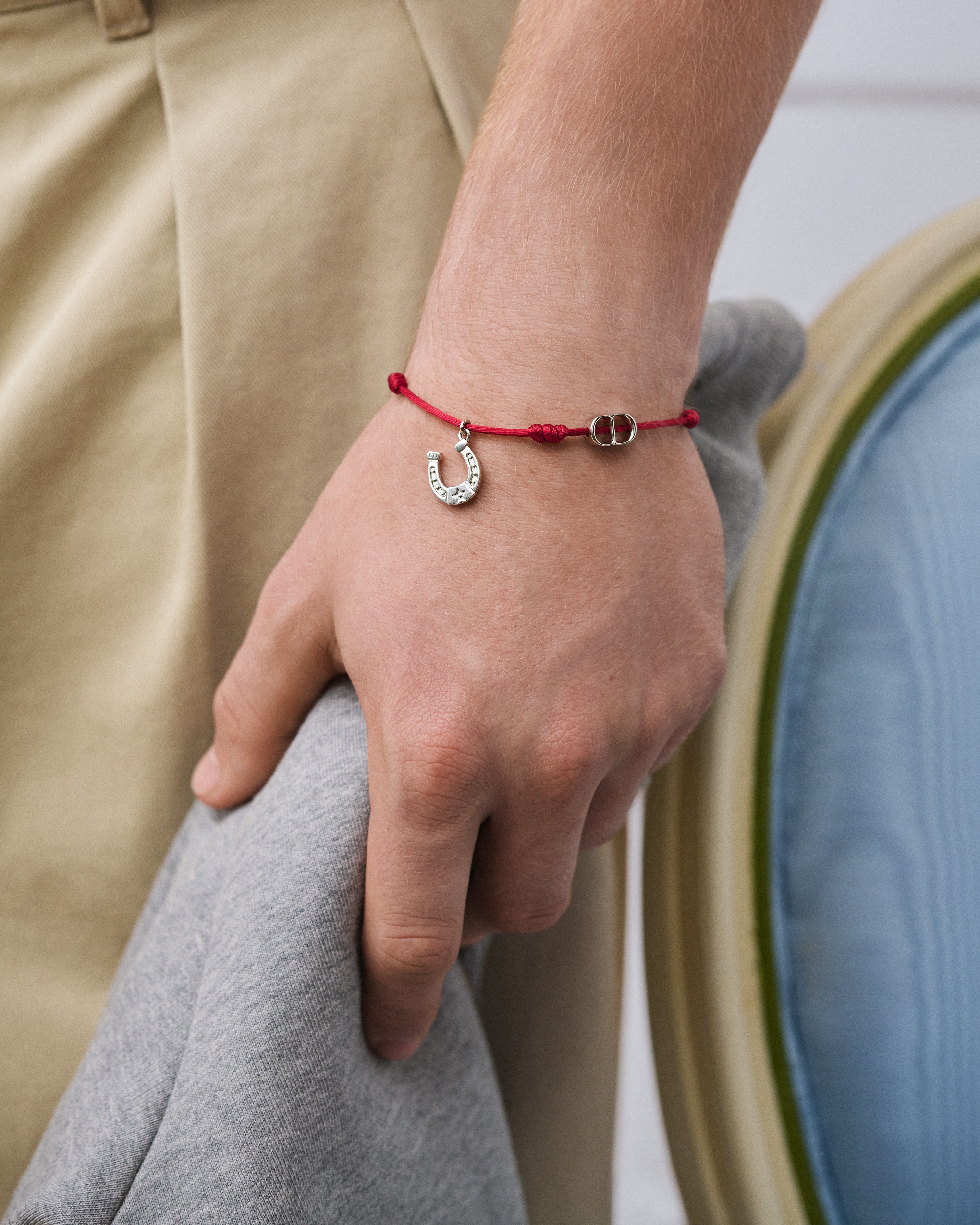 Look Dior Horseshoe Bracelet Red Cord, Silver-Finish Brass and White Resin E39