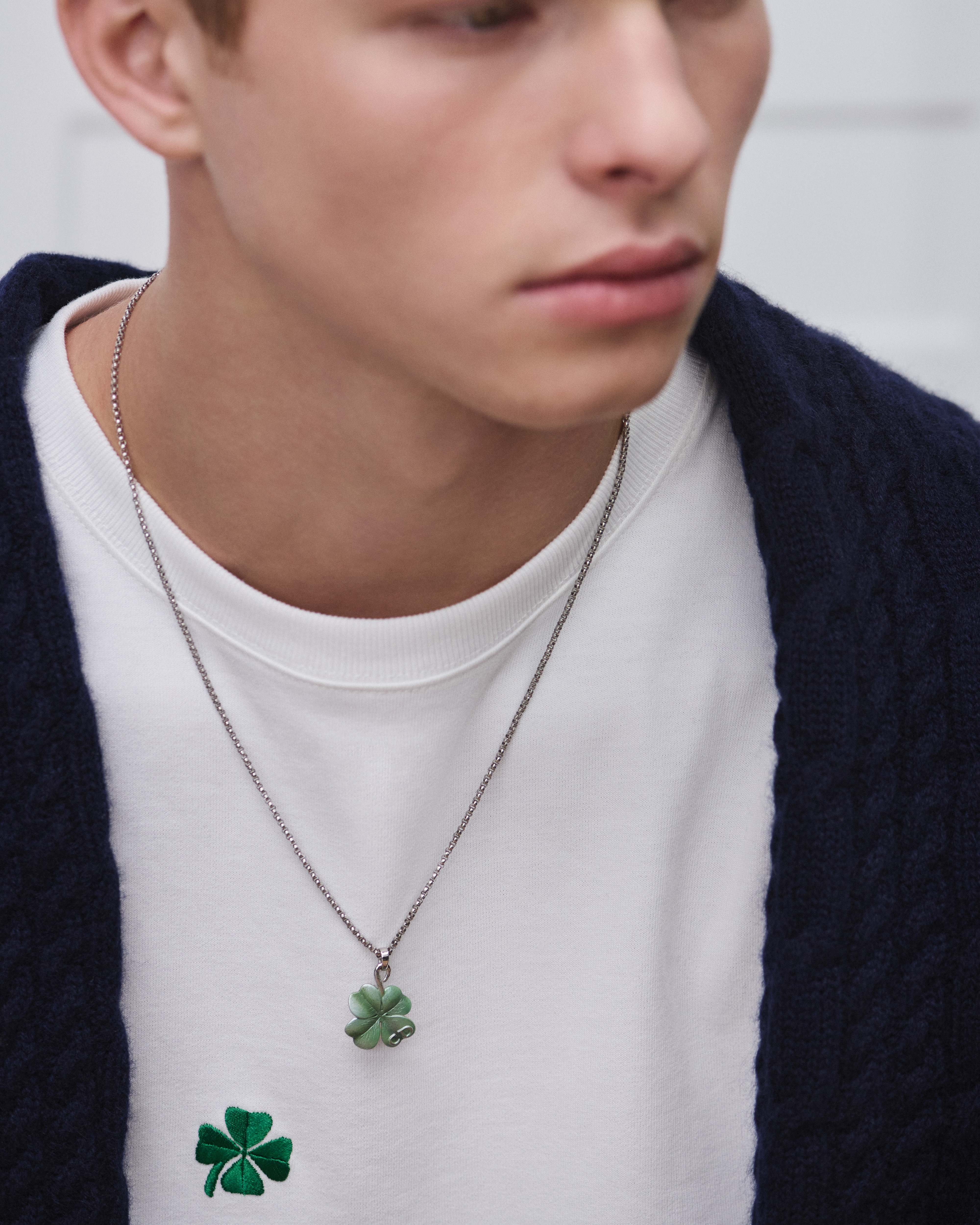 Look Dior Trèfle Pendant Necklace Silver and Green Resin E39