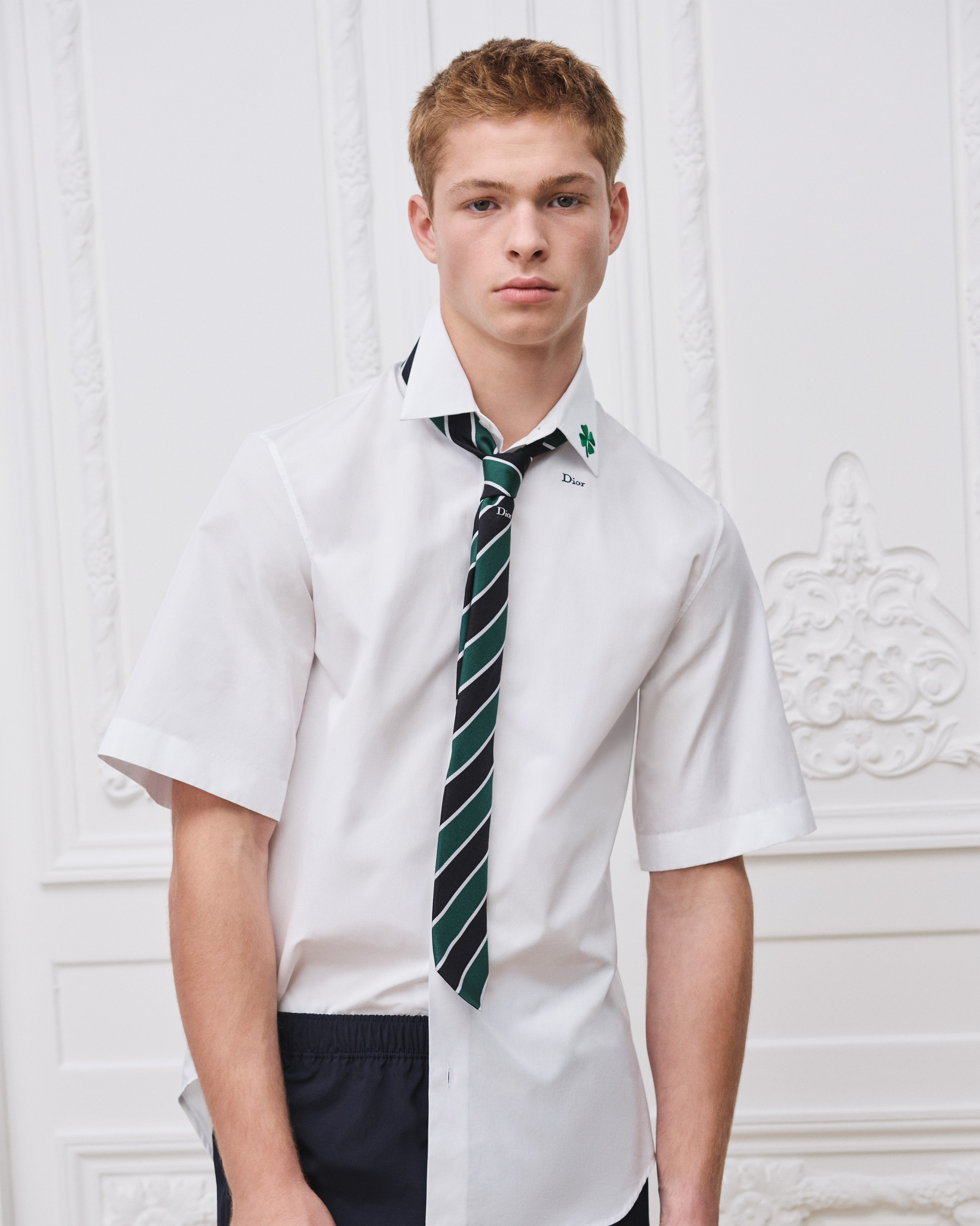 Dior Clover 幸運草刺繡短袖襯衫 白色棉質府綢 E07