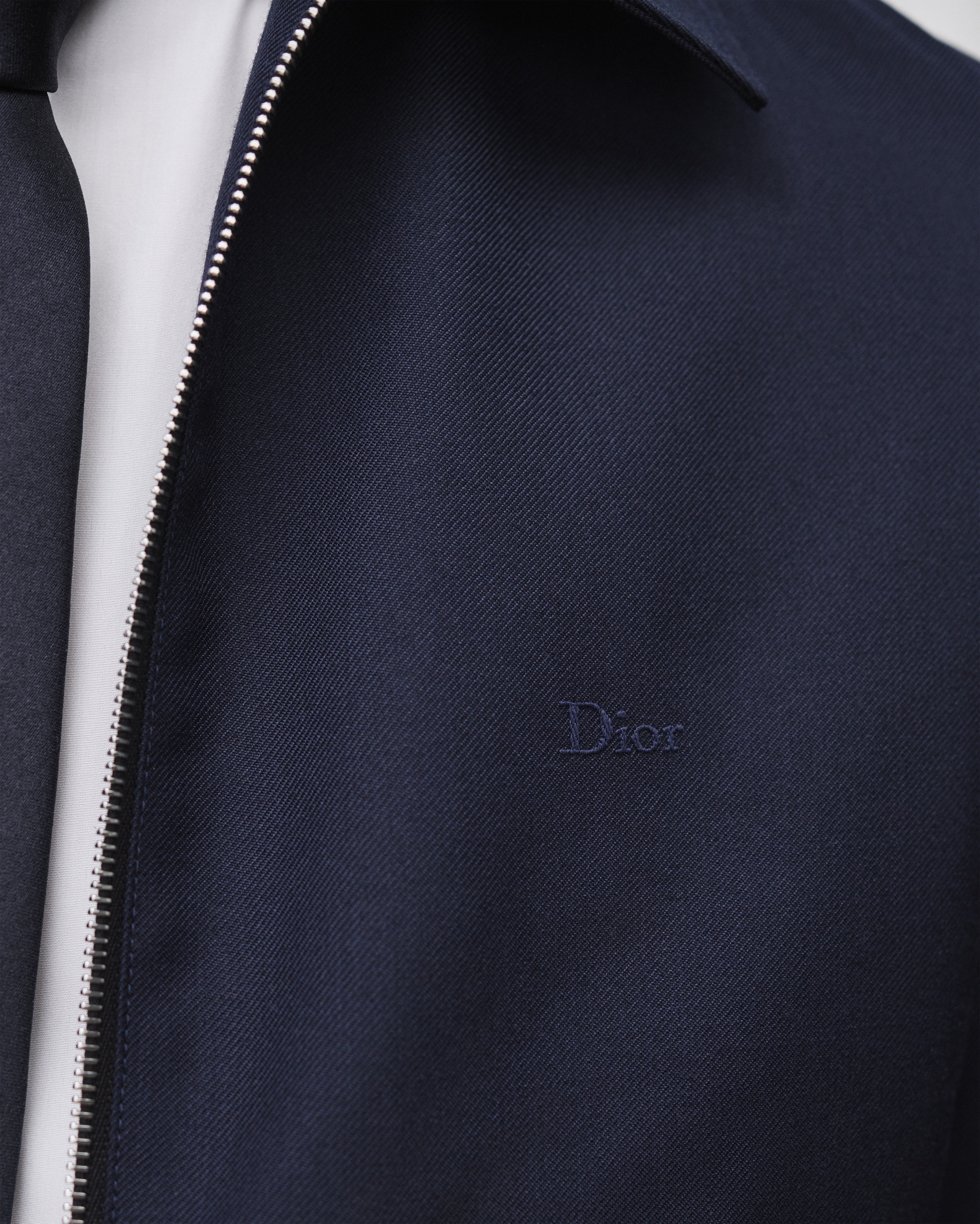 Look Veste zippée à broderie Dior Drap de laine vierge mélangée bleu marine E04