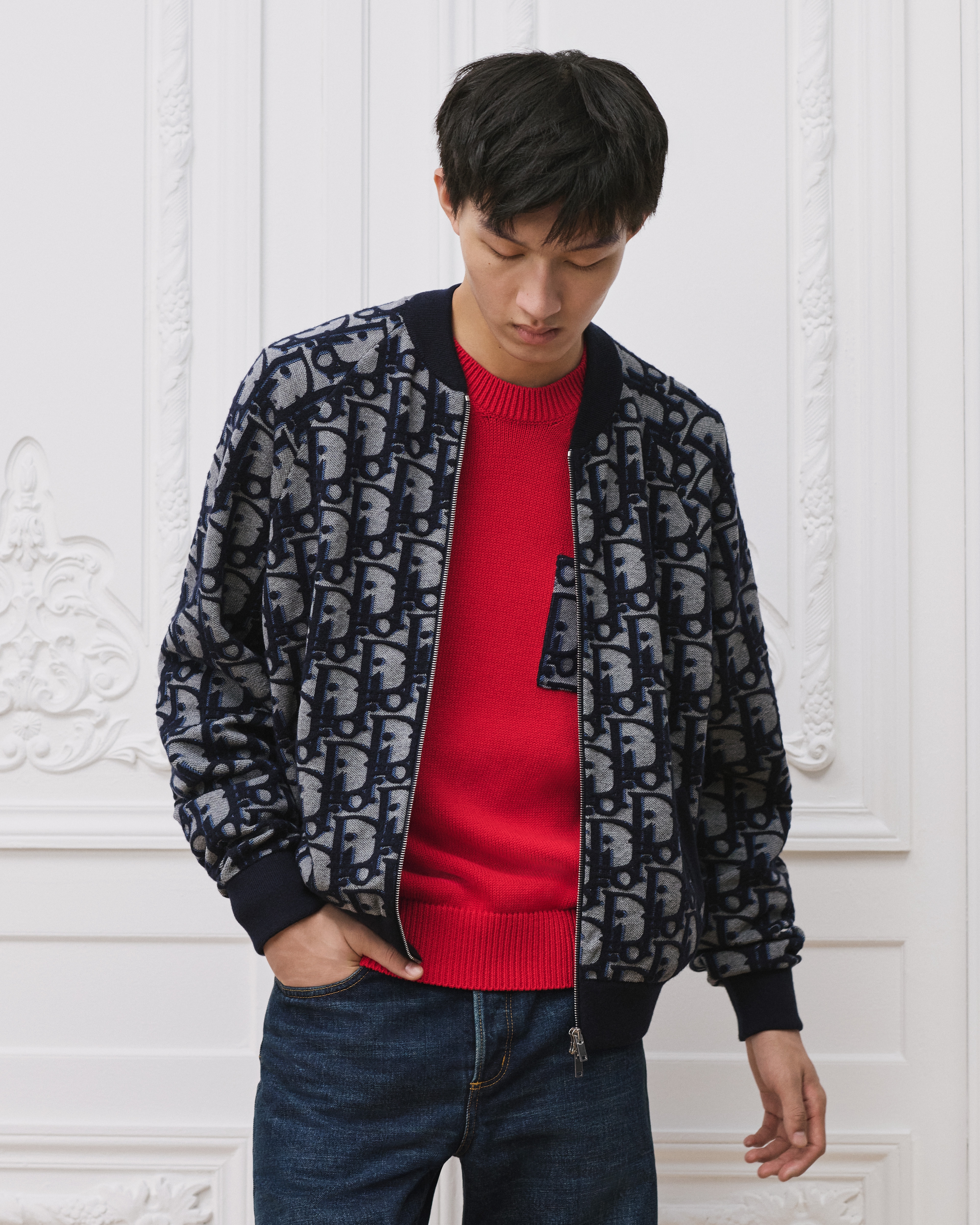 Dior Oblique Bomberjacke Jacquardmischung mit Baumwolle, Wolle und Seide in Blau E01