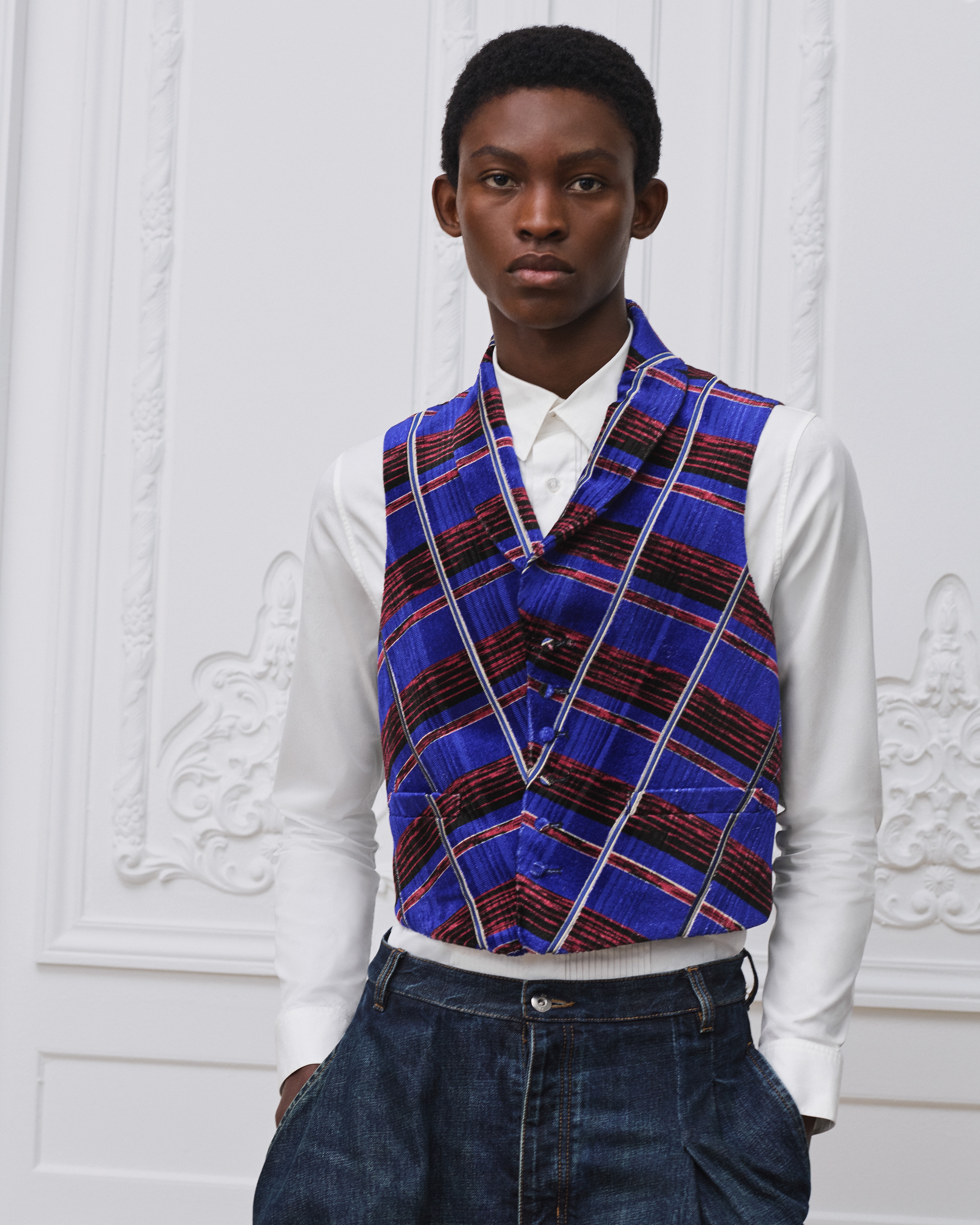 look_image_alt_prefix 雙面背心 藍色蘇格蘭格紋絲綢混紡天鵝絨 E07