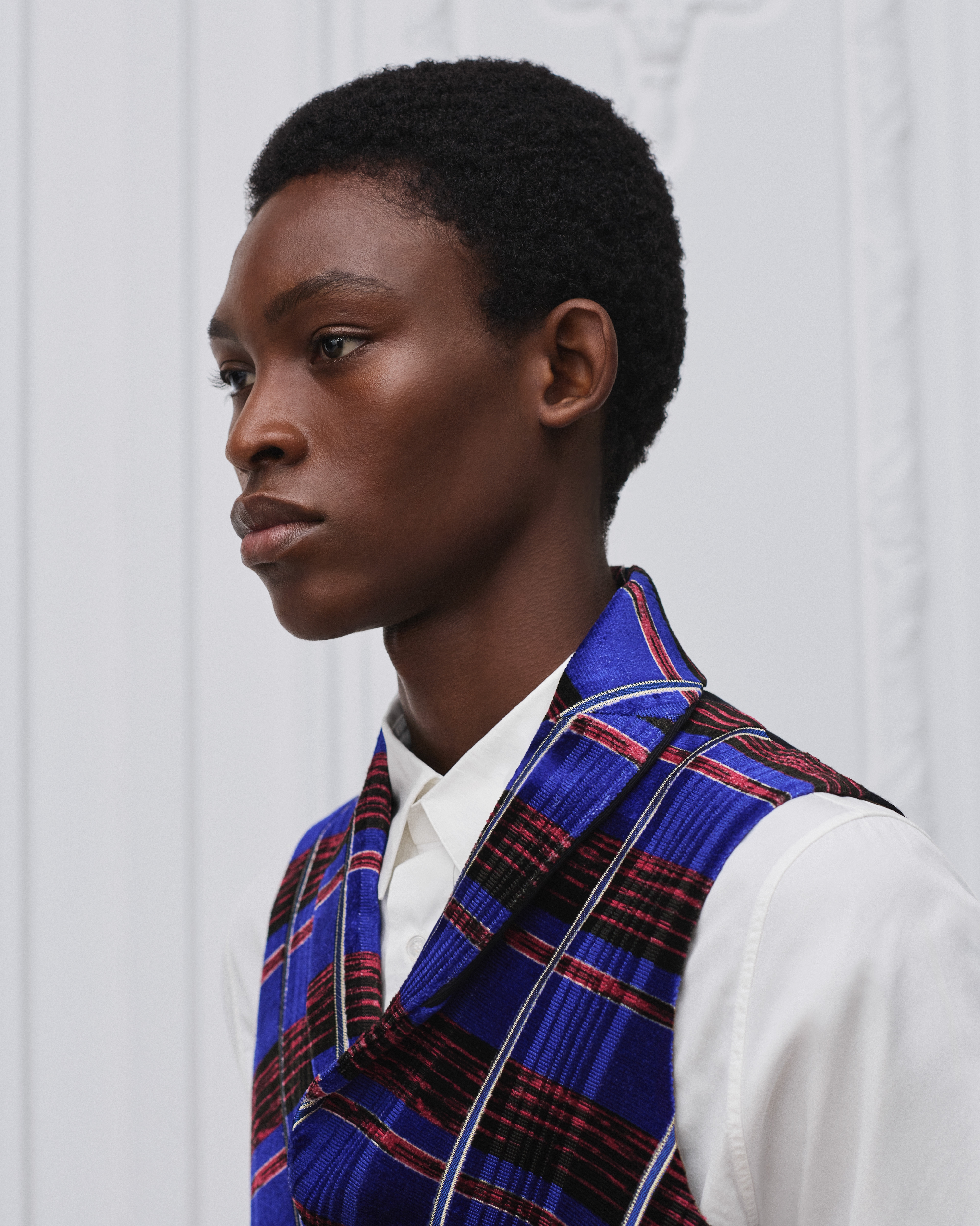 look_image_alt_prefix 雙面背心 藍色蘇格蘭格紋絲綢混紡天鵝絨 E11