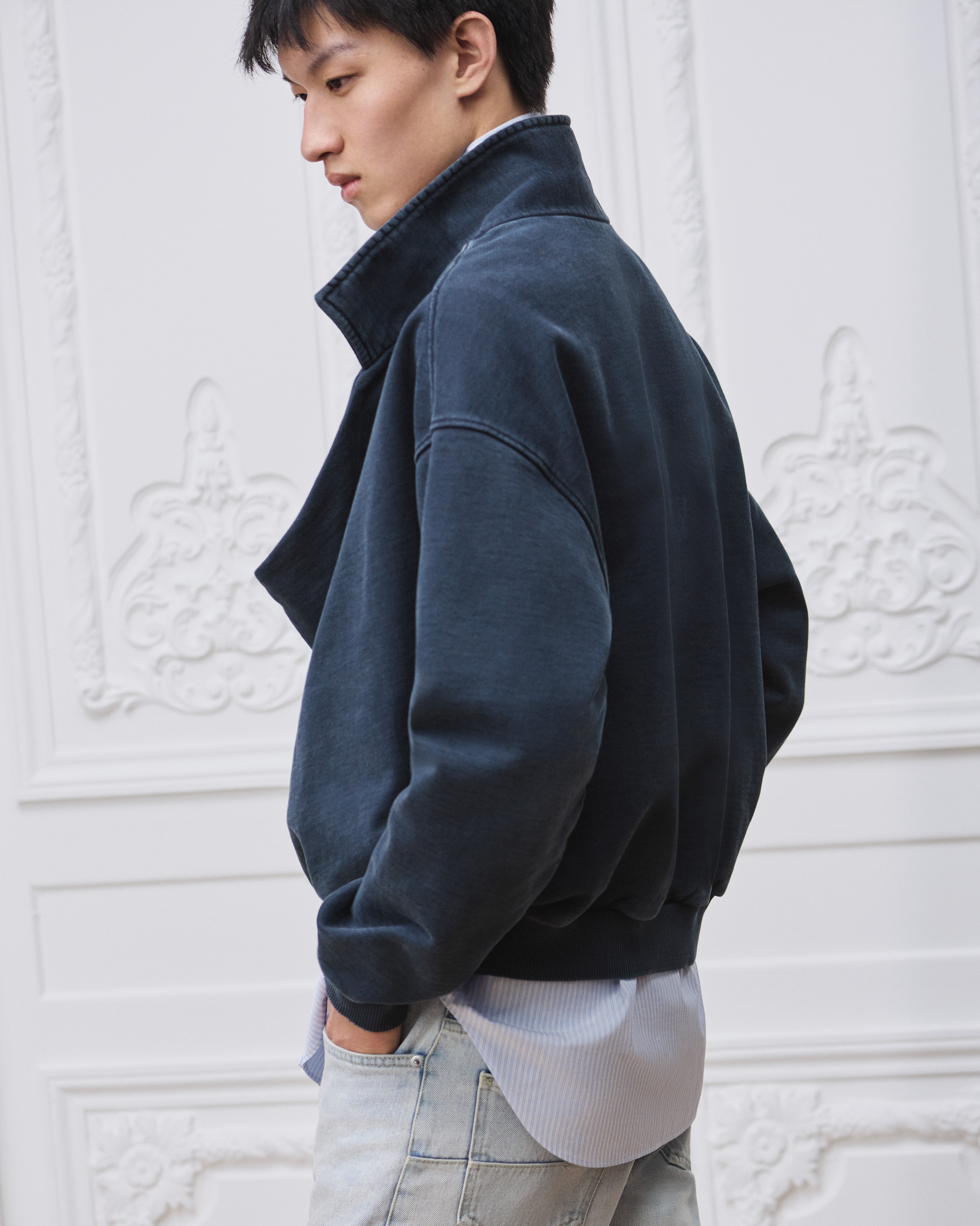 look_image_alt_prefix Trui met watervalhals Blauwe katoenfleece E03