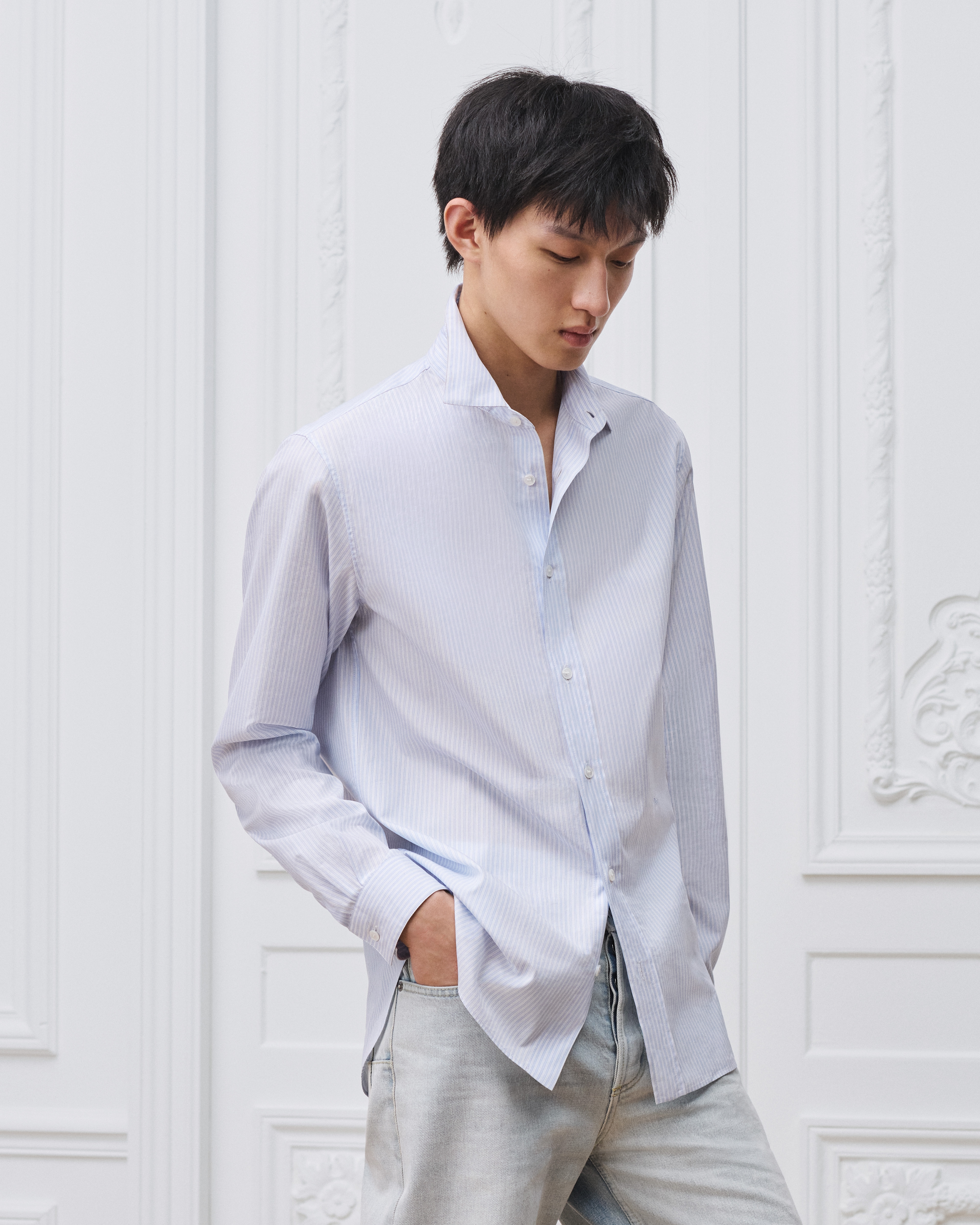 Look Shirt with Dior Embroidery Blue Striped Cotton Poplin E07