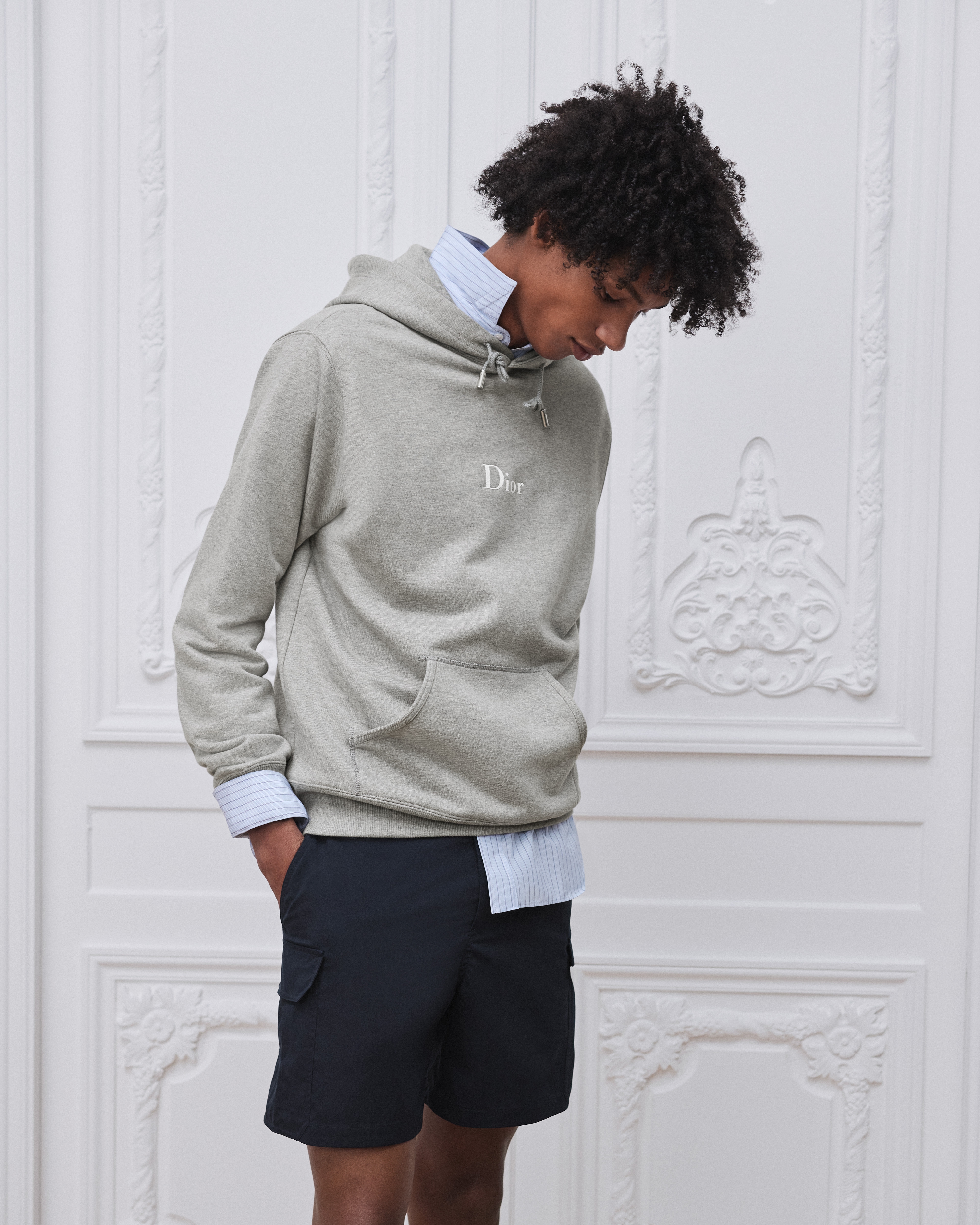 Look Hooded Sweatshirt with Dior Embroidery, Relaxed Fit Gray Cotton Fleece E07