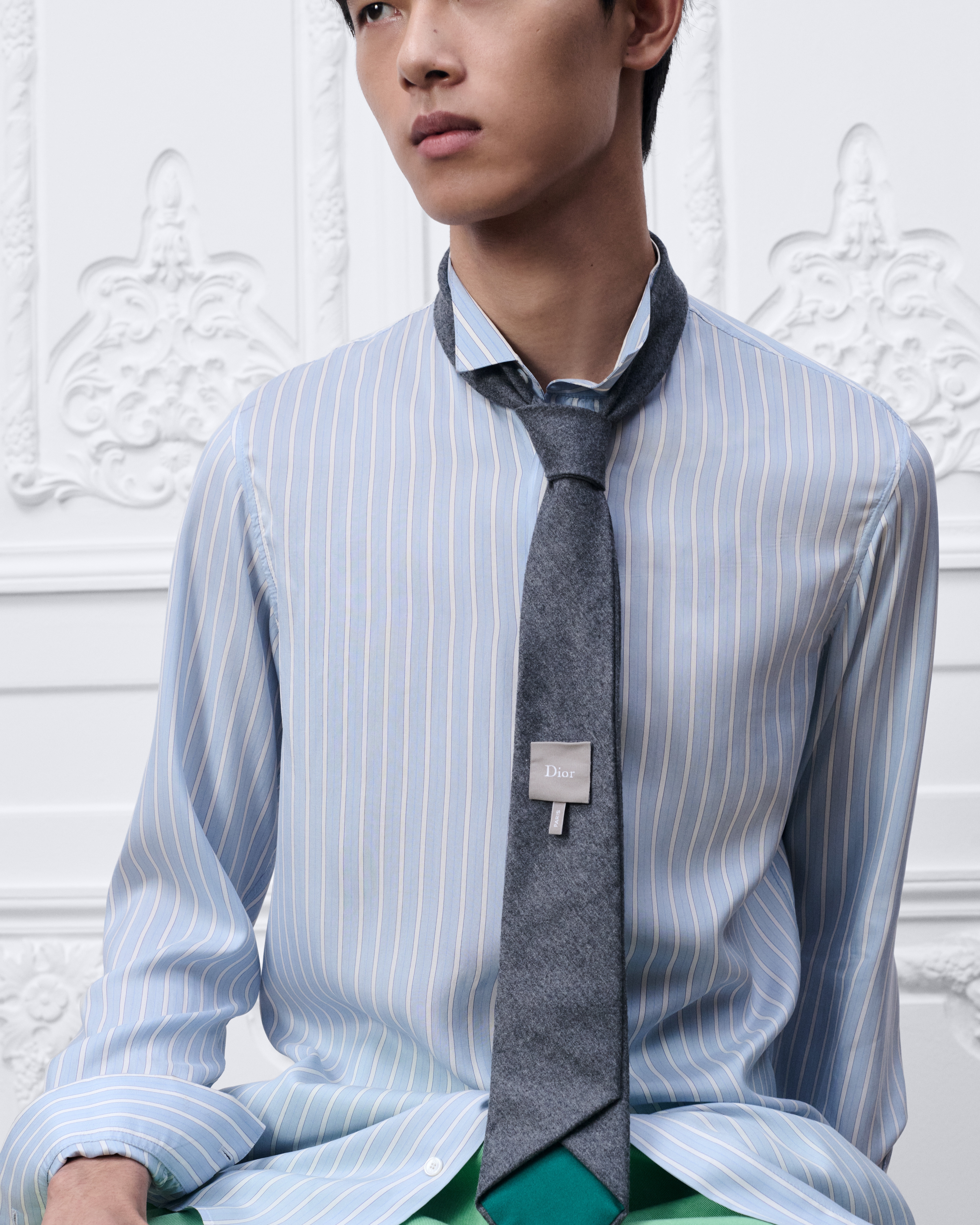 look_image_alt_prefix เนคไทแบบกลับด้านพร้อมป้าย Dior ผ้าสักหลาดวูลเวอร์จินสีเทาอ่อน E37