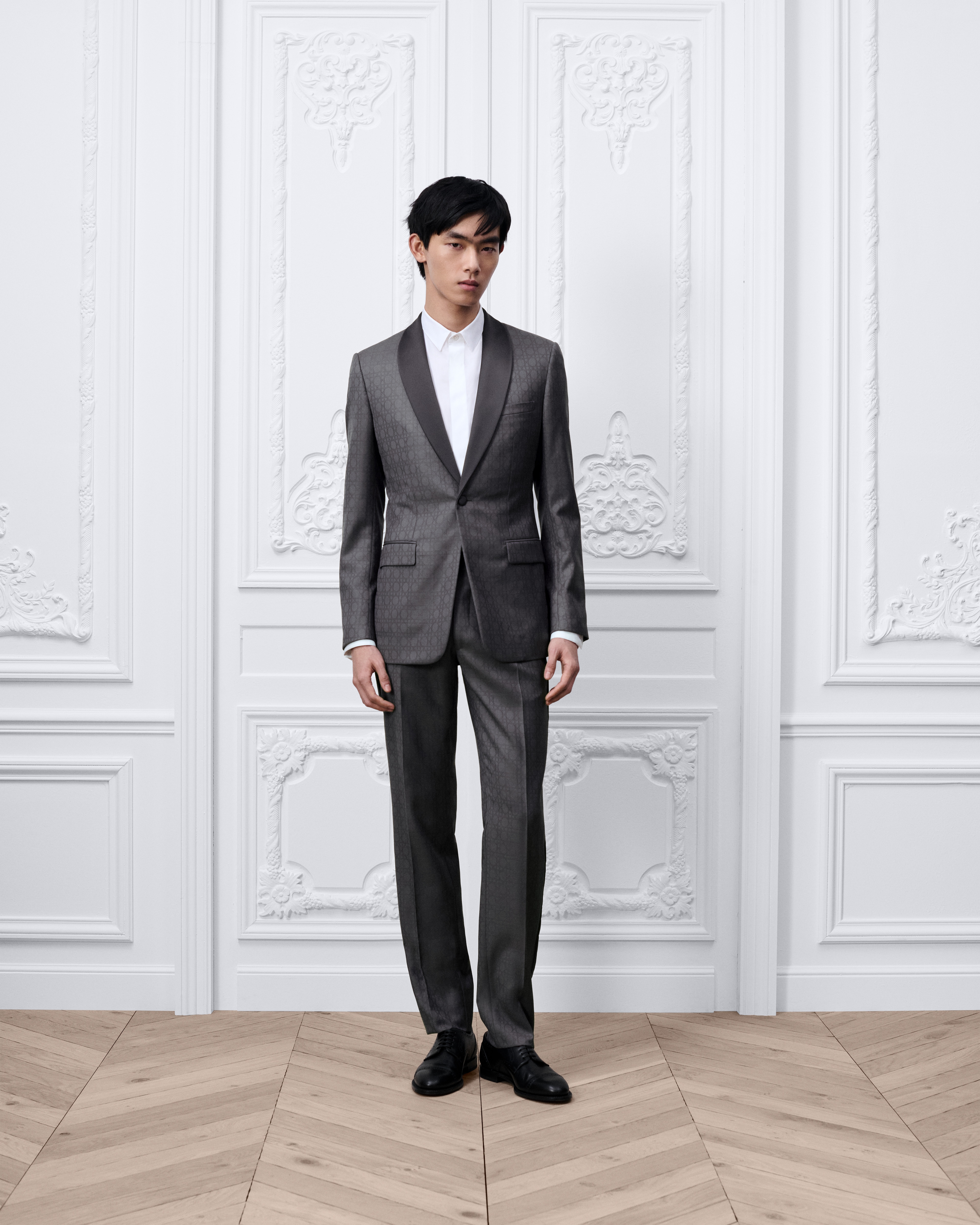 Cannage 籐格紋男士晚禮服 灰色精純羊毛和絲綢緹花 E02