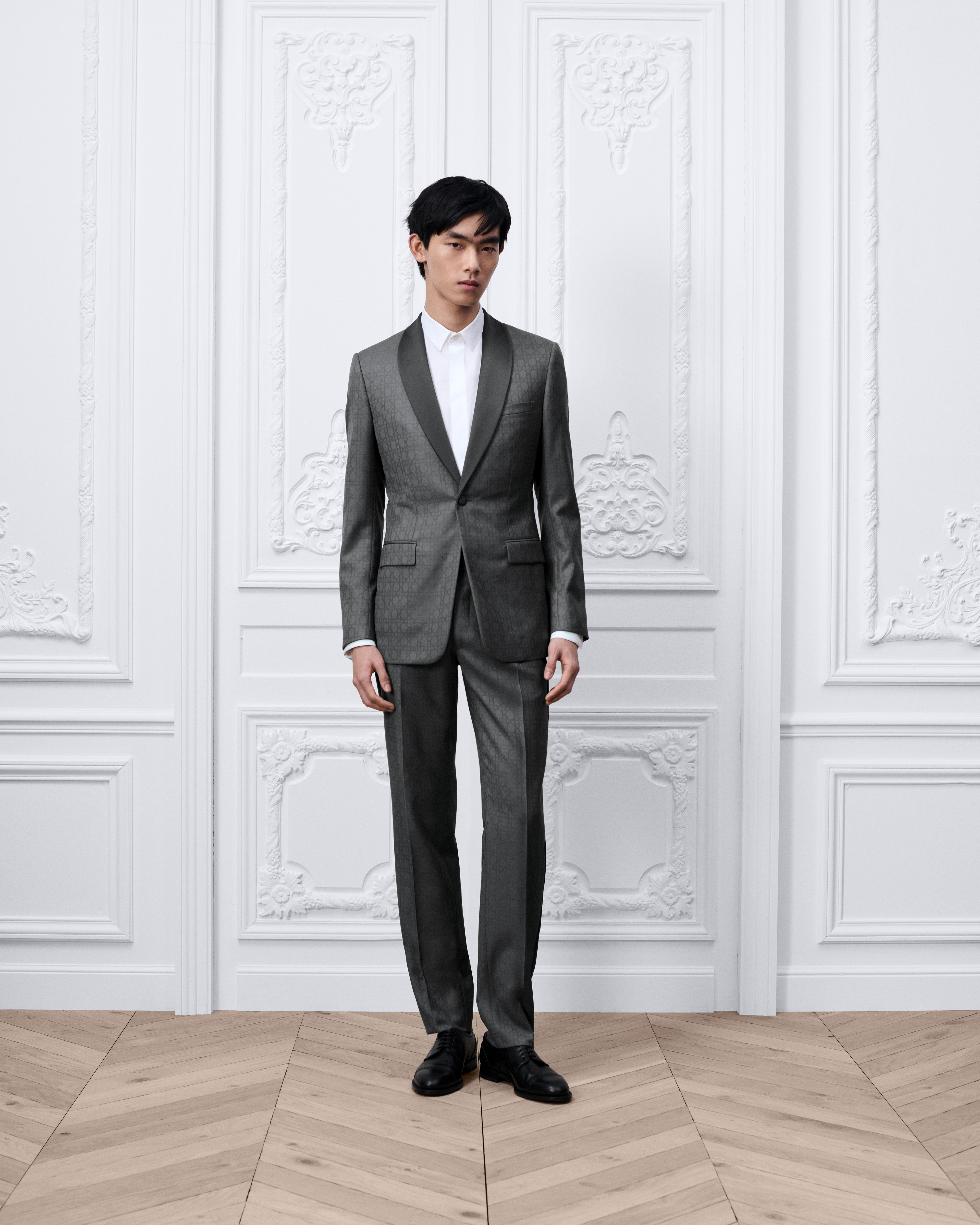 Smoking Cannage Jacquard de lã virgem e seda cinza E02