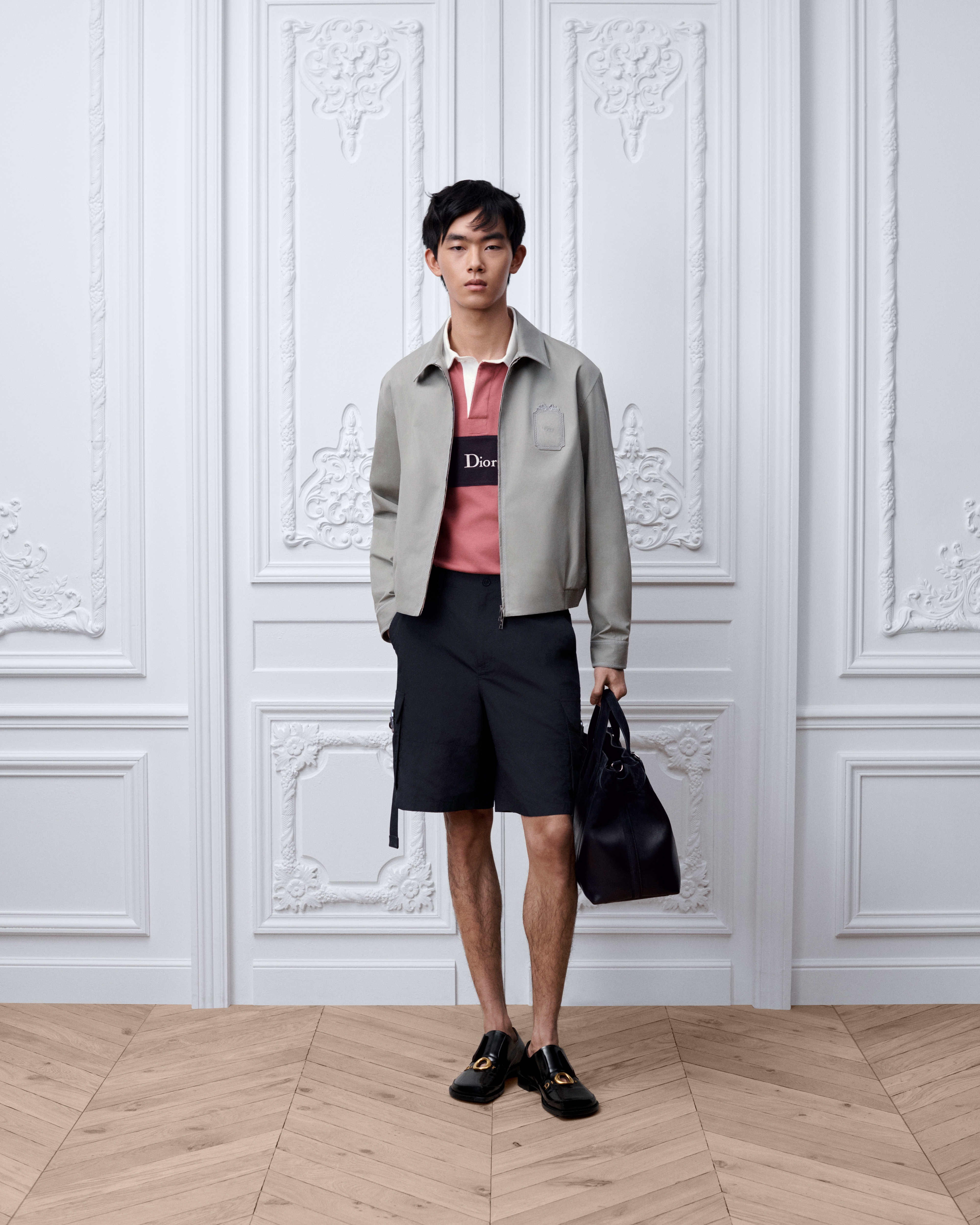 Dior, ChromeHearts, EmporioArmaniTシャツセット Zipped Shirt with Dior Moulures Embroideries Gray Cotton Gabardine