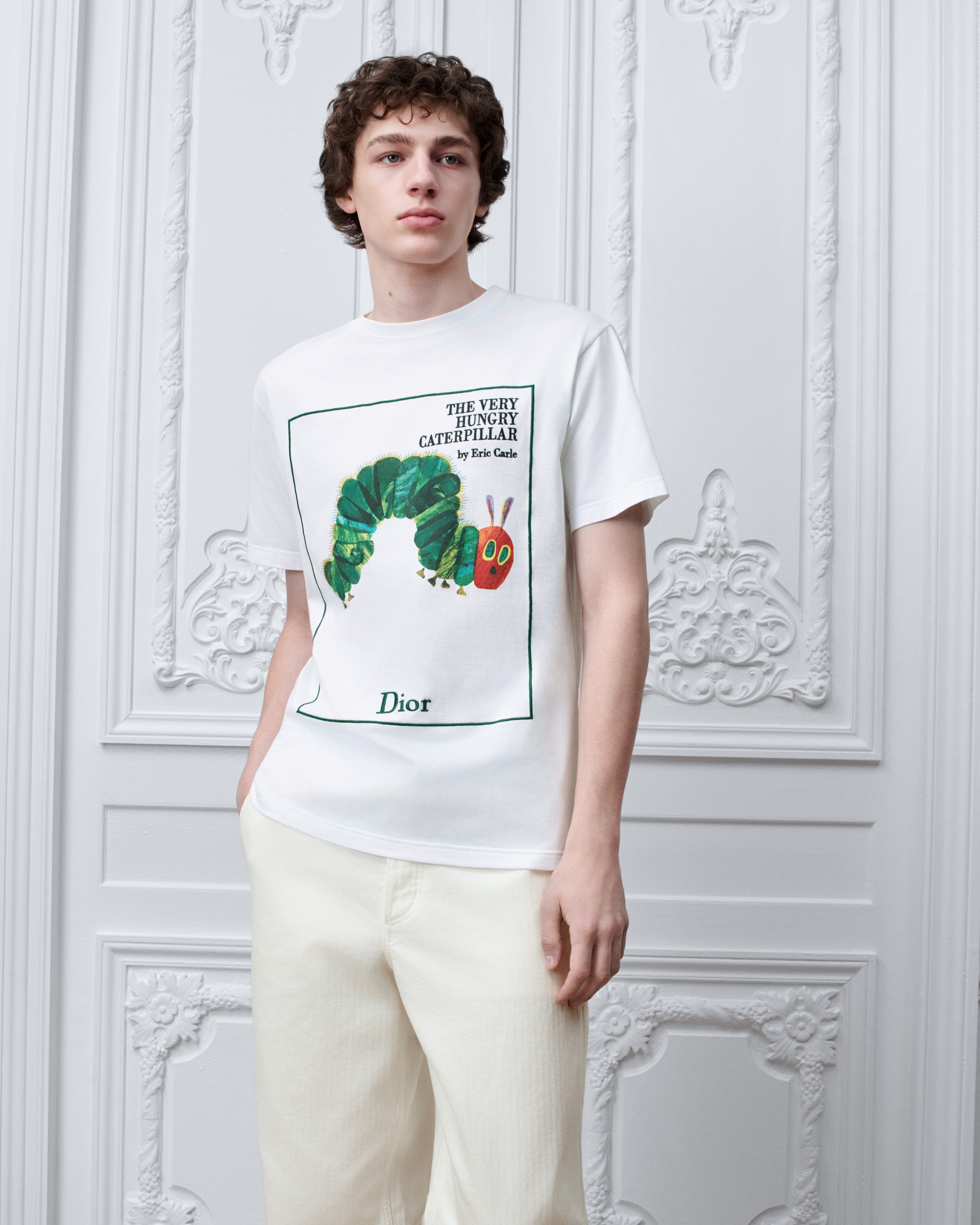 T-Shirt with Book Cover Embroidery, Relaxed Fit White Cotton Jersey E07