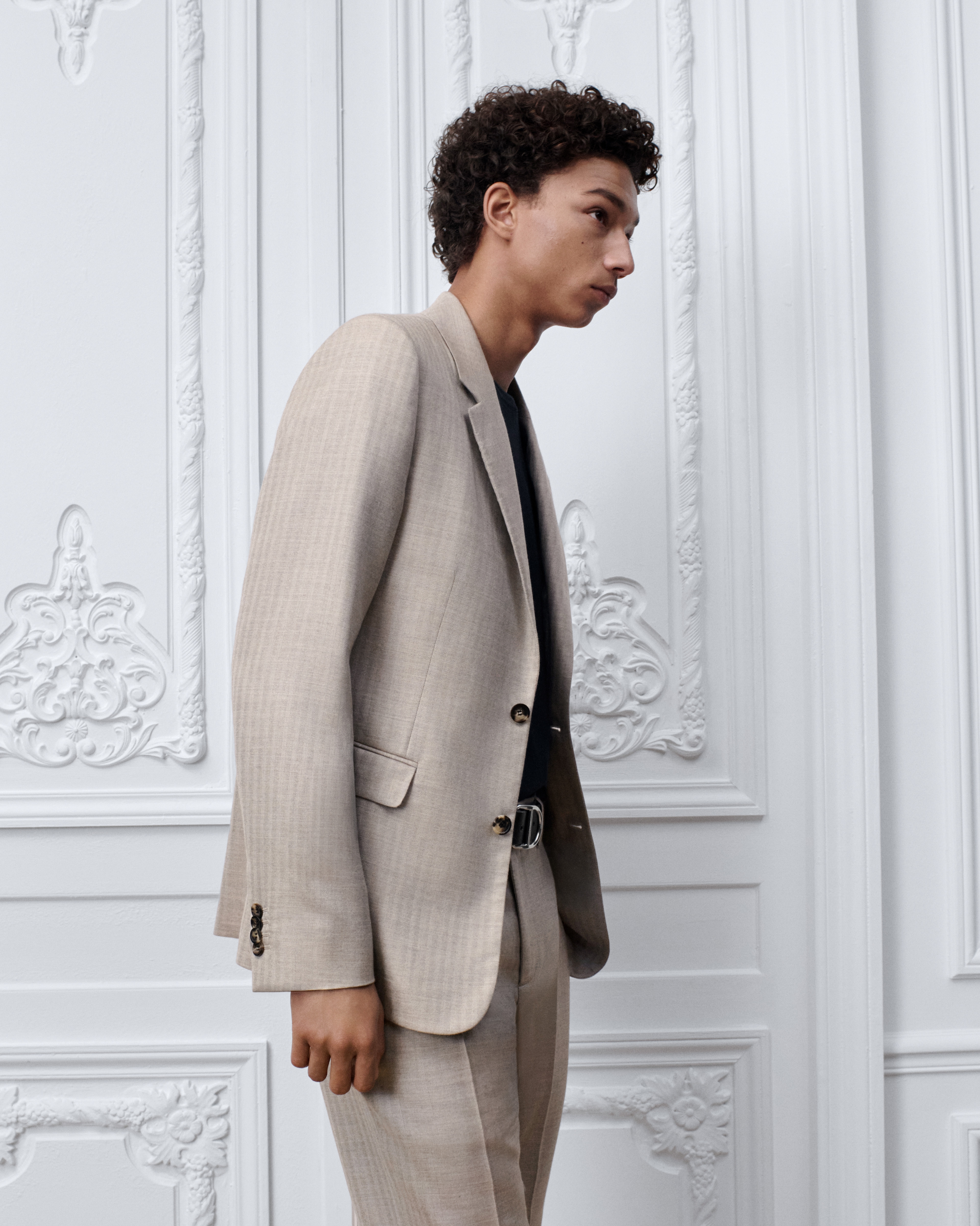Veste à simple boutonnage Drap de cachemire et soie beiges à chevrons E01