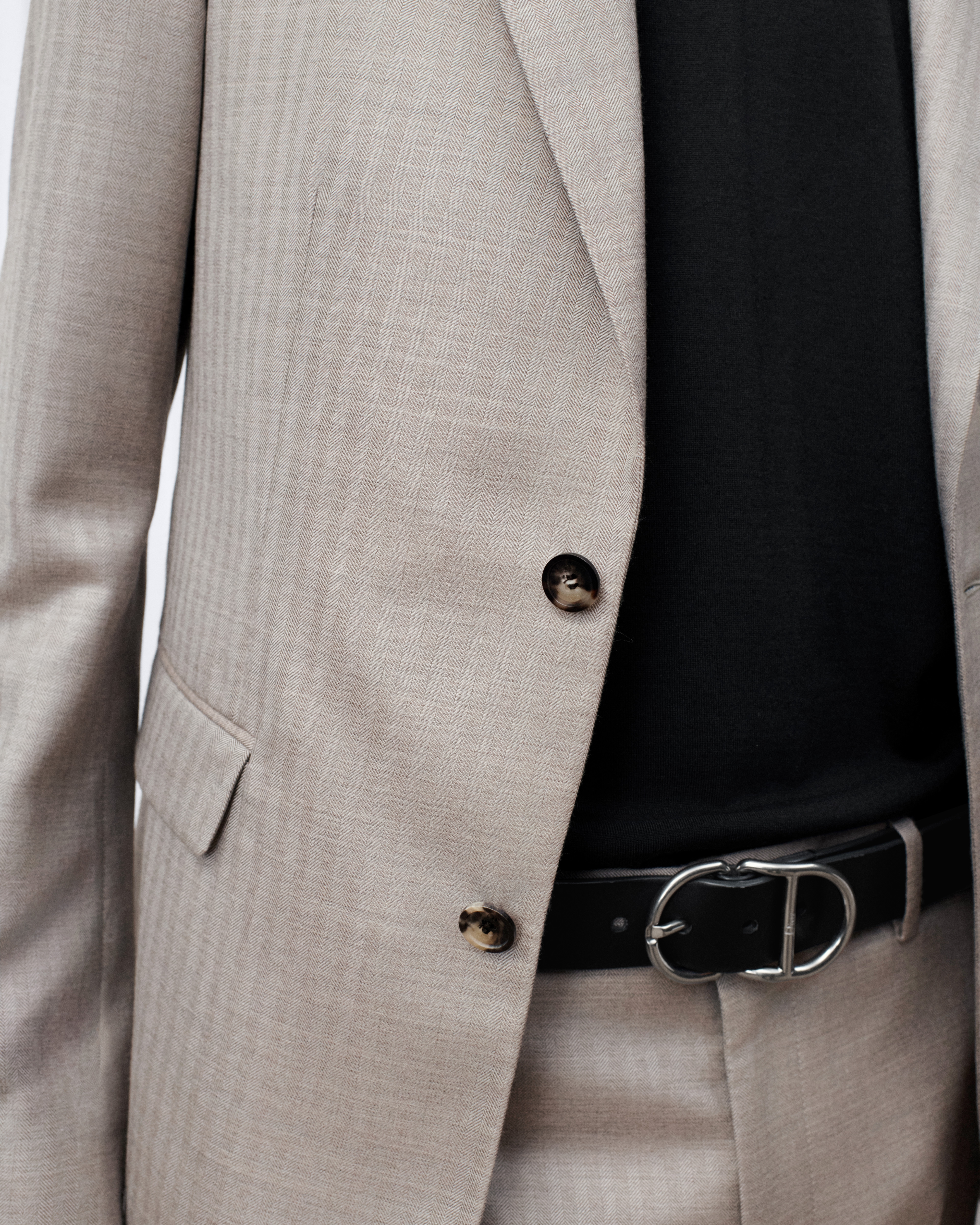 Veste à simple boutonnage Drap de cachemire et soie beiges à chevrons E04