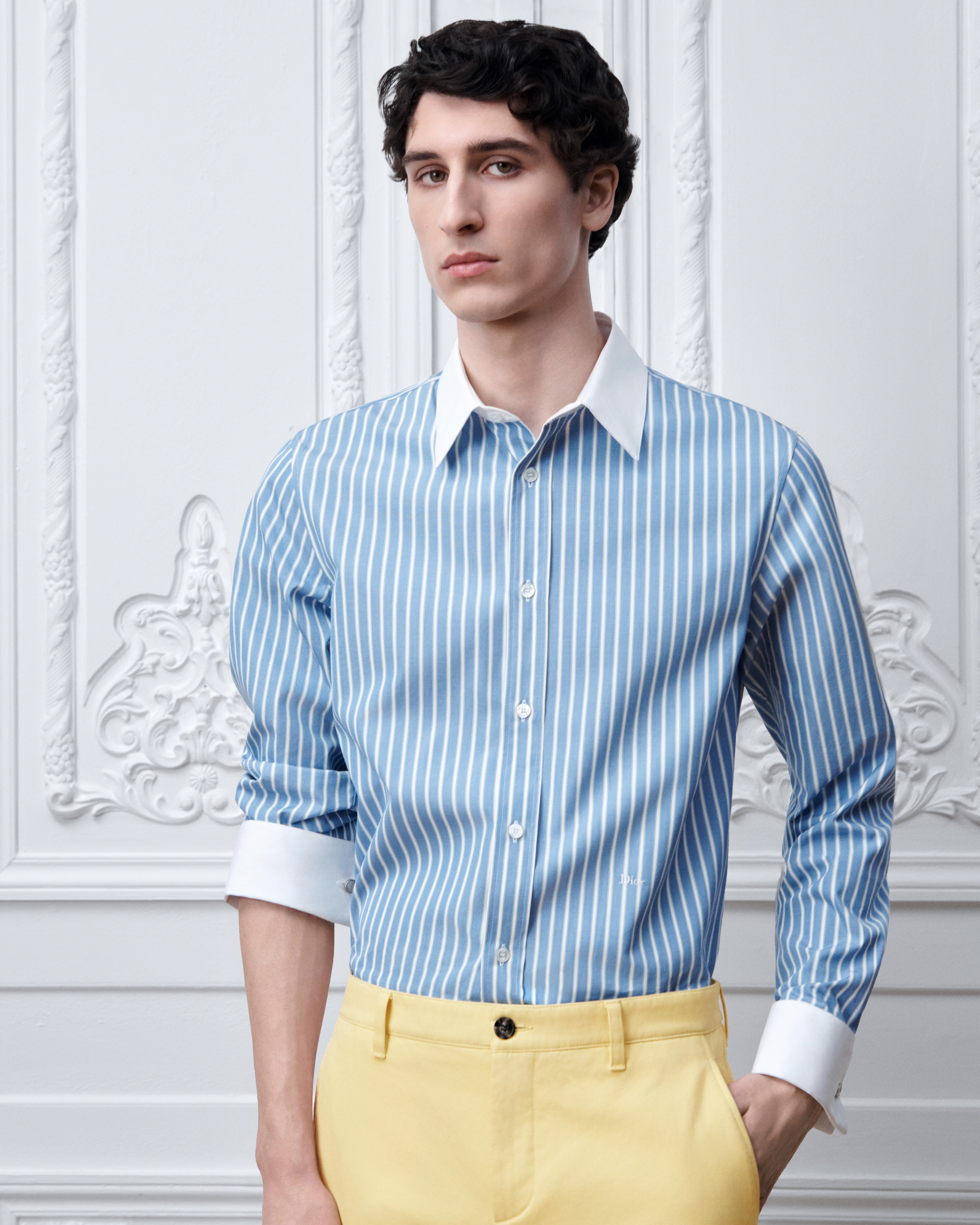 Camisa con detalles en contraste Popelina de algodón azul a rayas E07