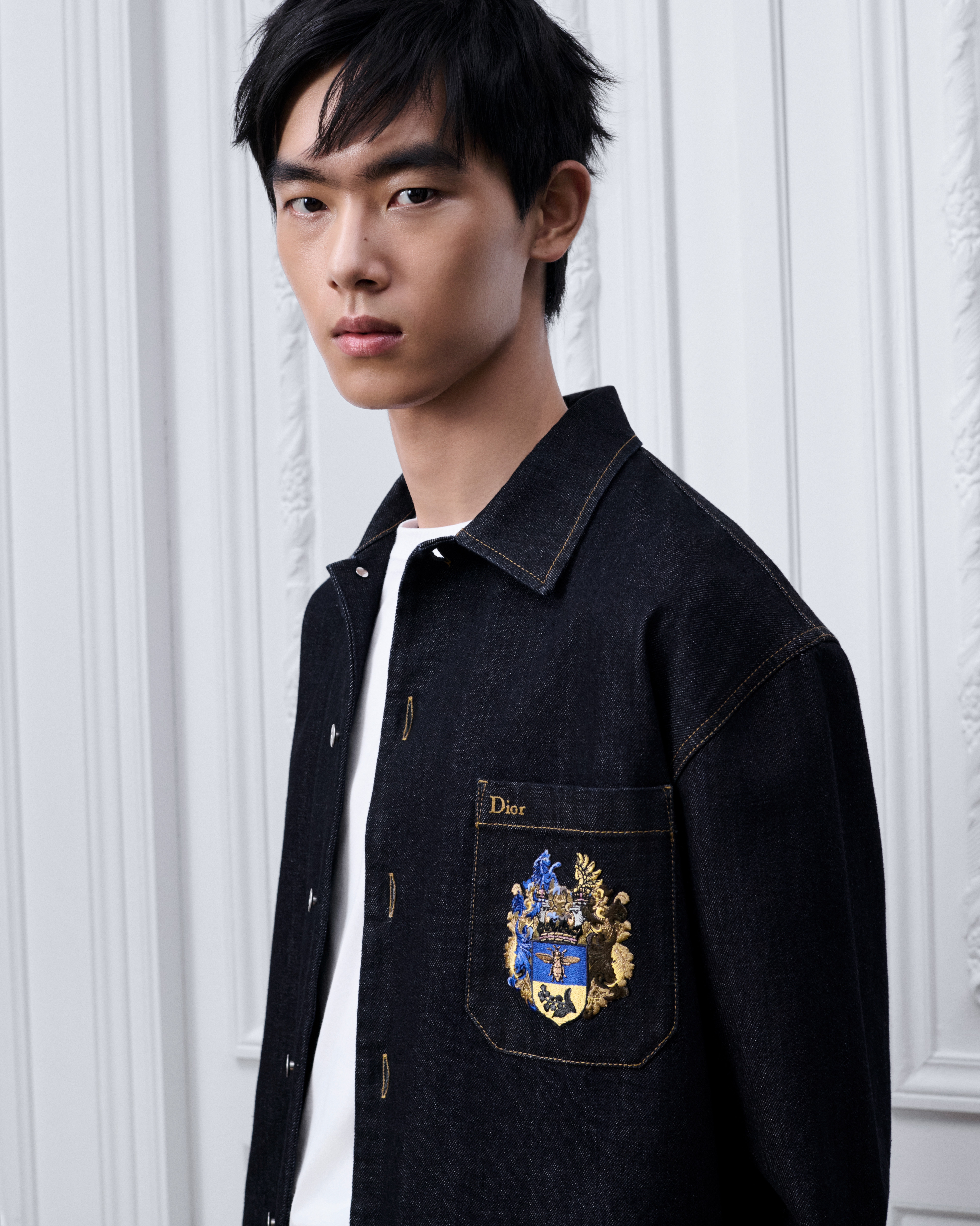 Denim overshirt met Dior Blason-motief Blauwe katoenen keperstof E01