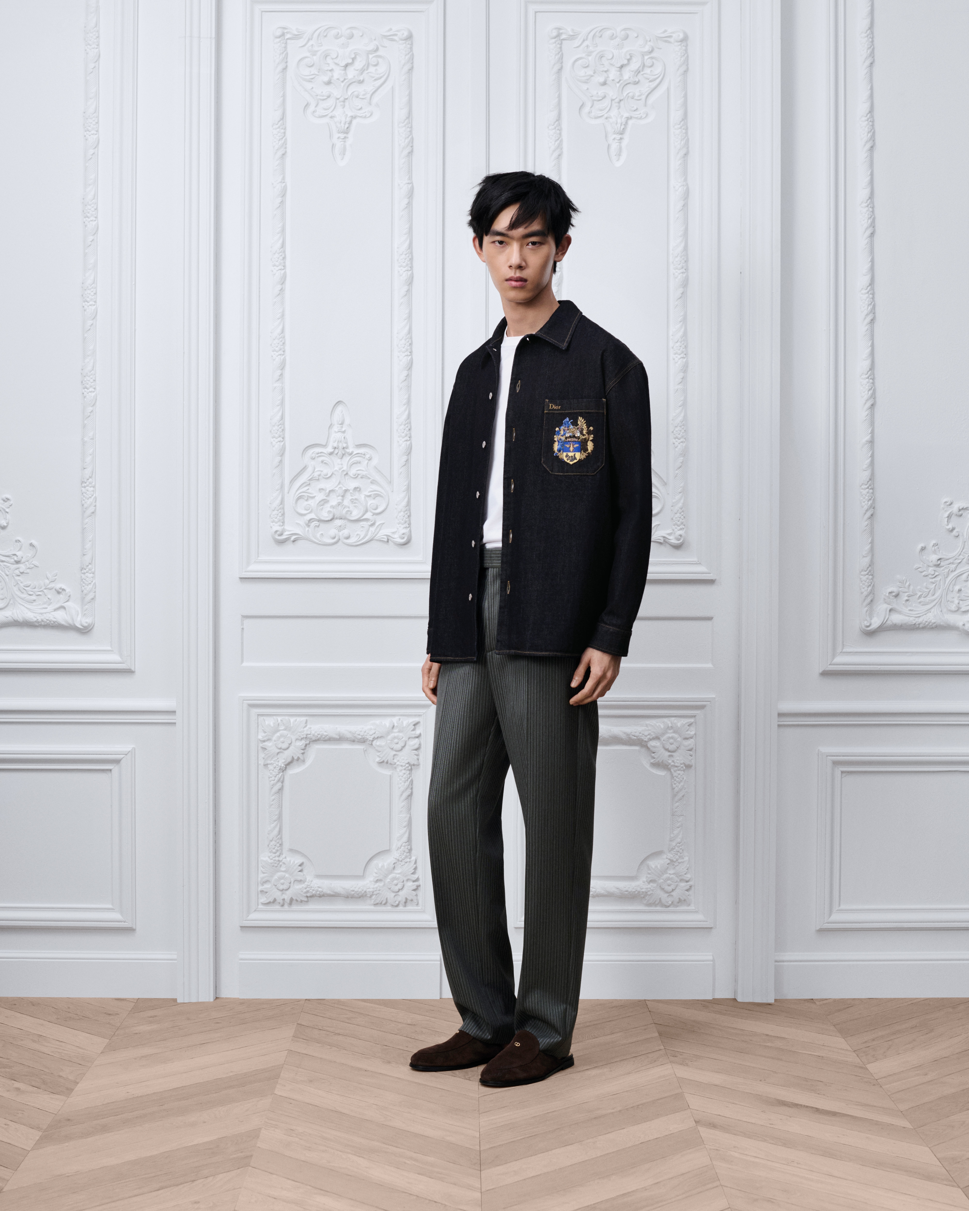 Denim overshirt met Dior Blason-motief Blauwe katoenen keperstof E02
