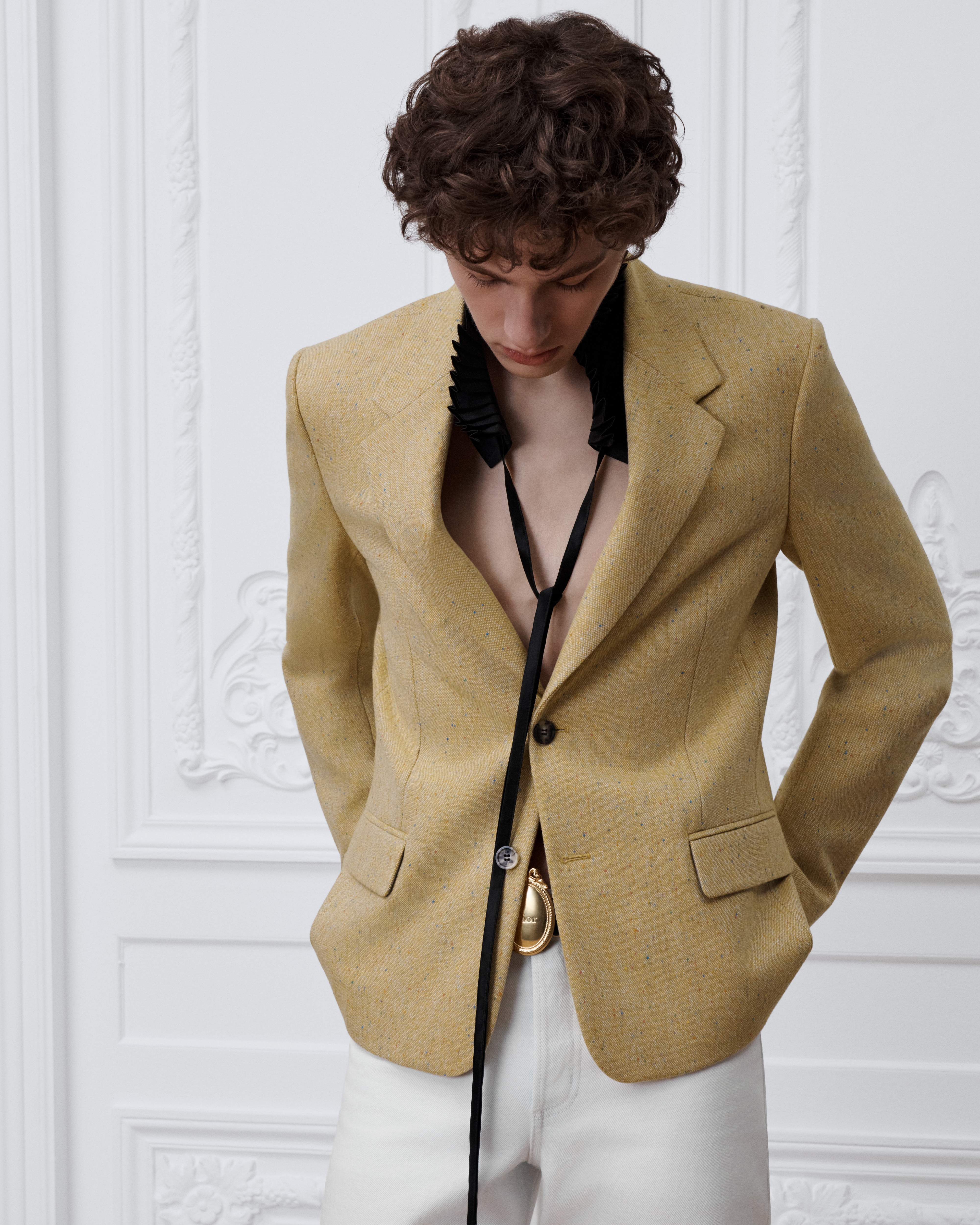 Chaqueta de botonadura simple Tweed Donegal color amarillo E01