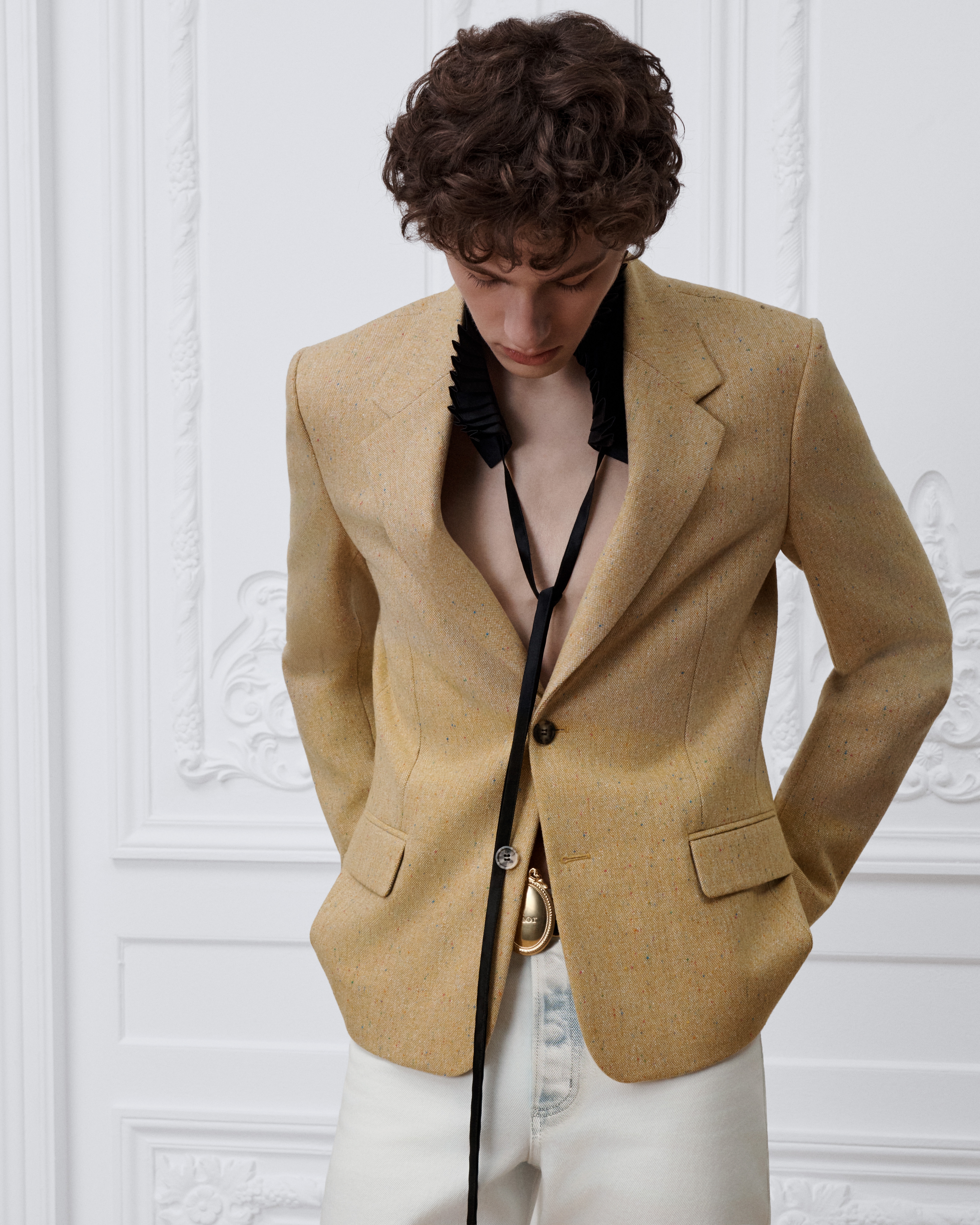 Blazer com abotoamento simples Tweed Donegal amarelo E01