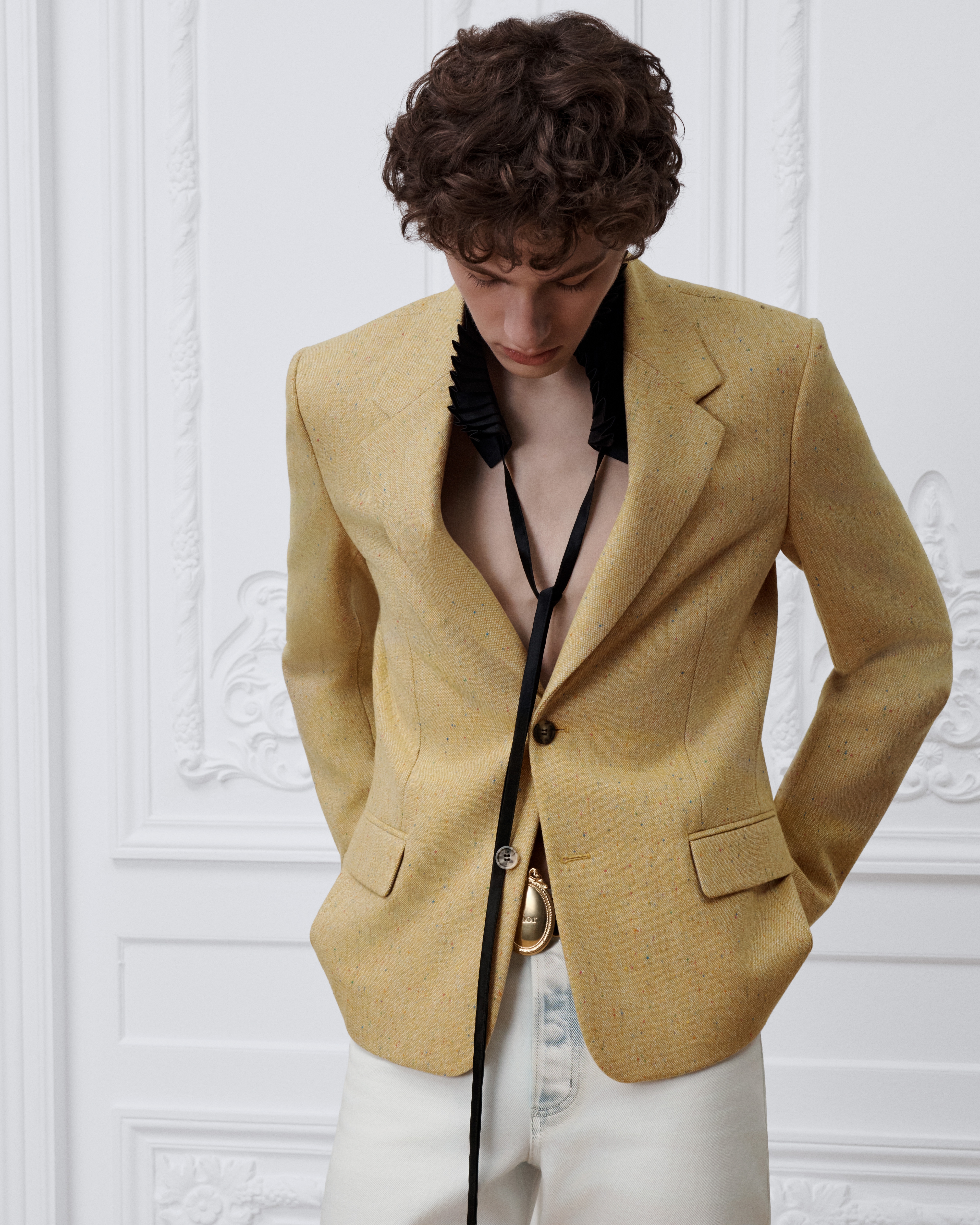 Chaqueta de botonadura simple Tweed Donegal color amarillo E01