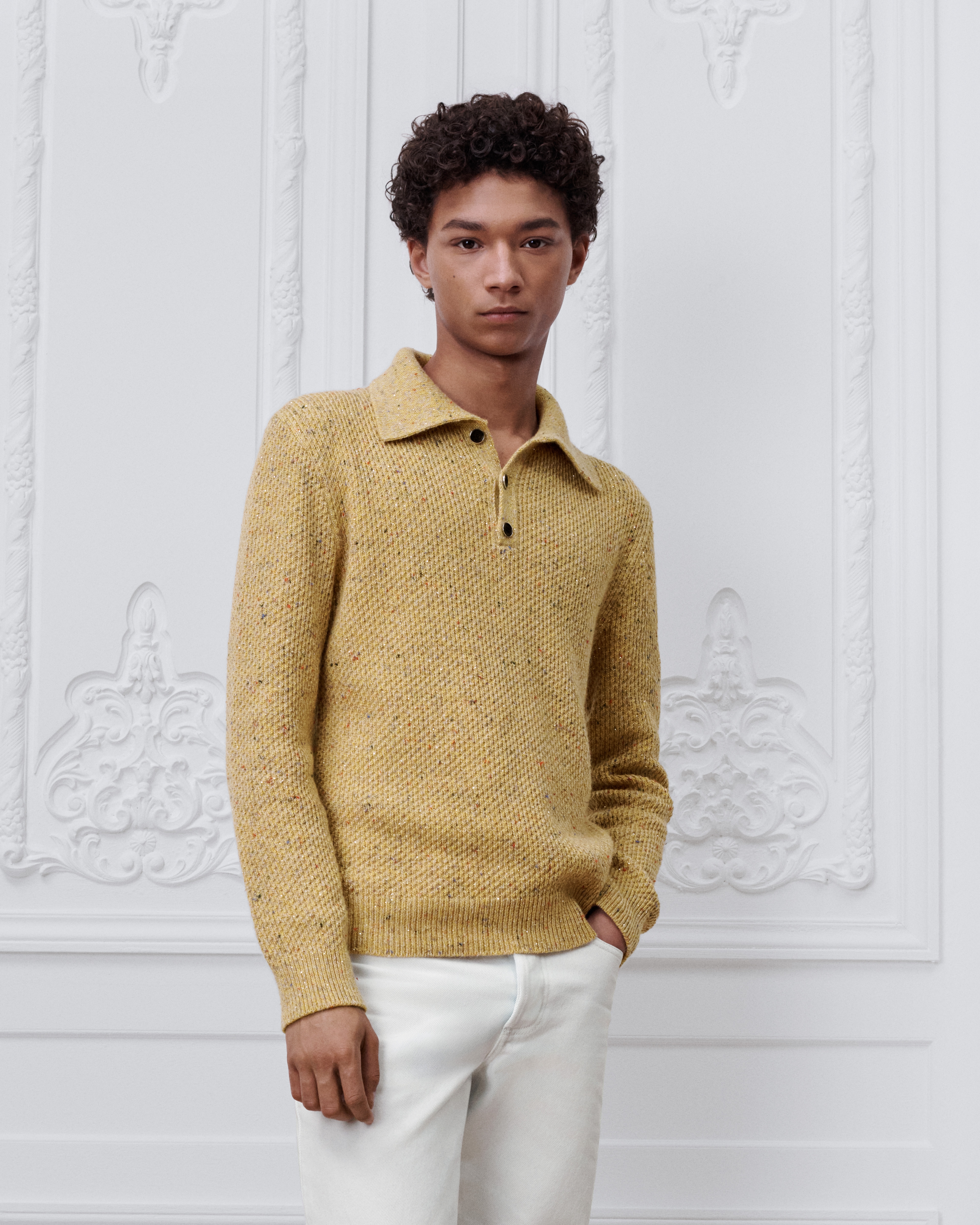 Suéter con cuello abotonado, corte regular Punto de mezcla de lana virgen, cachemira y mohair con efecto tweed amarillo E07