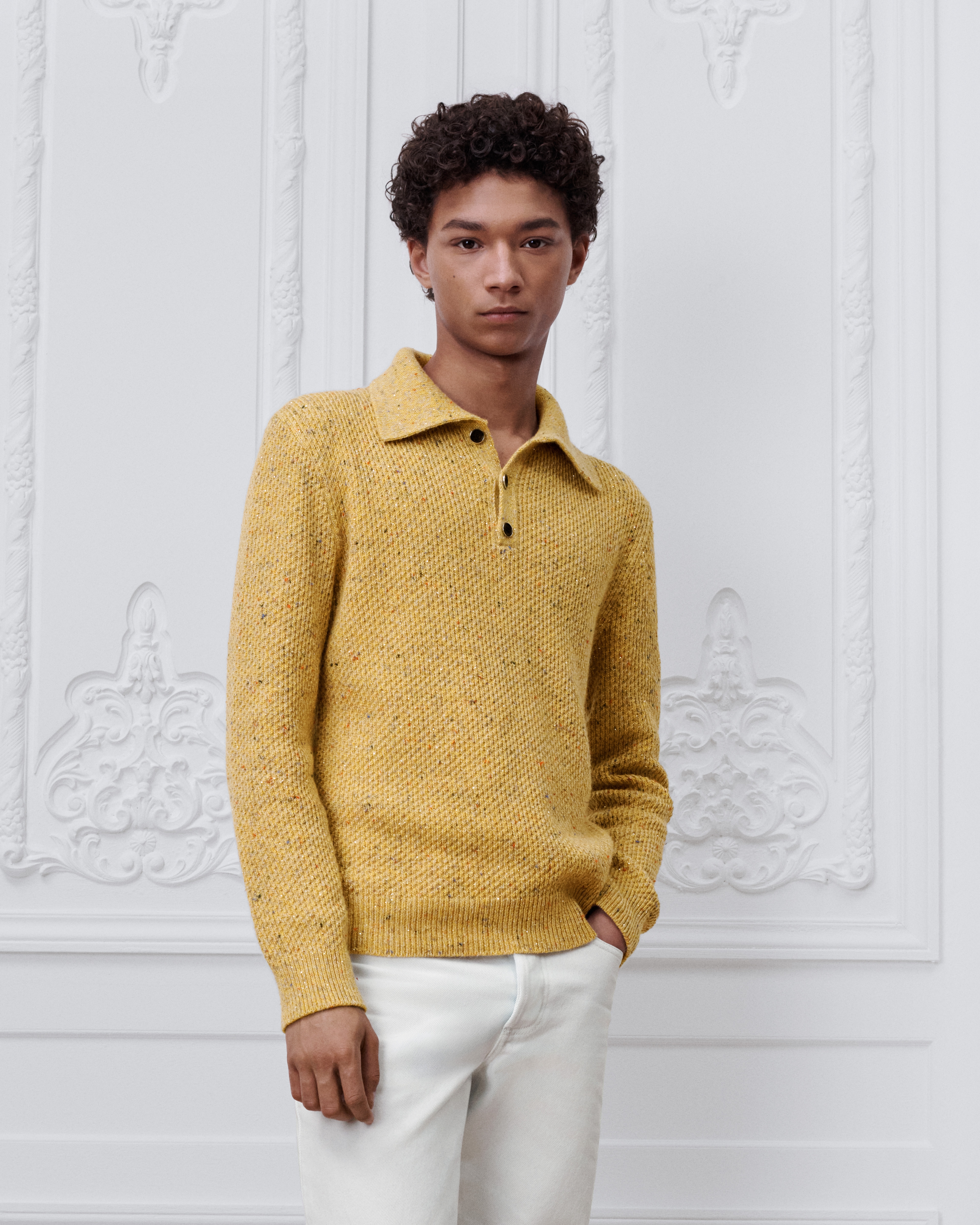 Pull à col boutonné, coupe regular Maille de laine vierge, cachemire et mohair mélangés effet tweed jaune E07