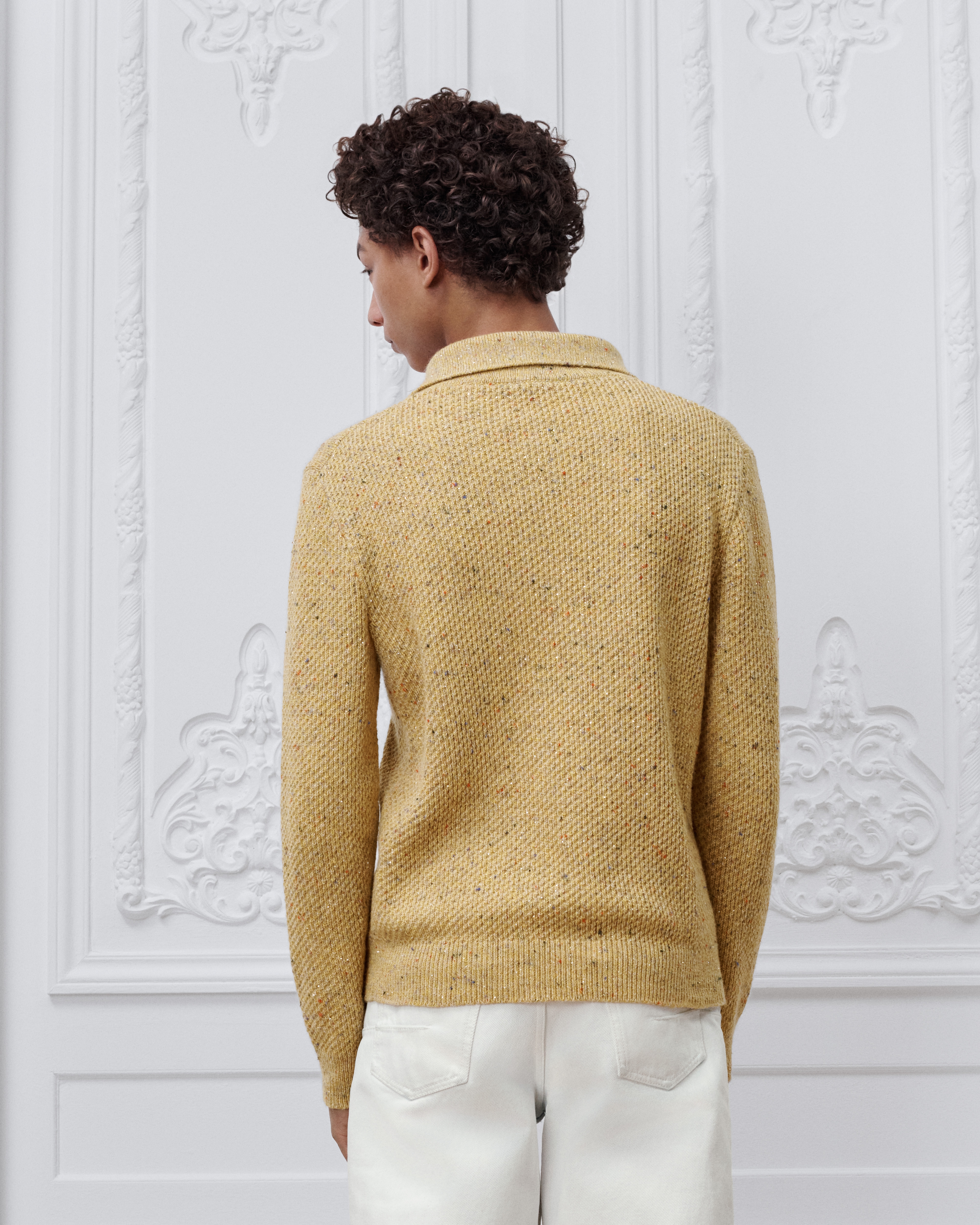 Suéter con cuello abotonado, corte regular Punto de mezcla de lana virgen, cachemira y mohair con efecto tweed amarillo E09