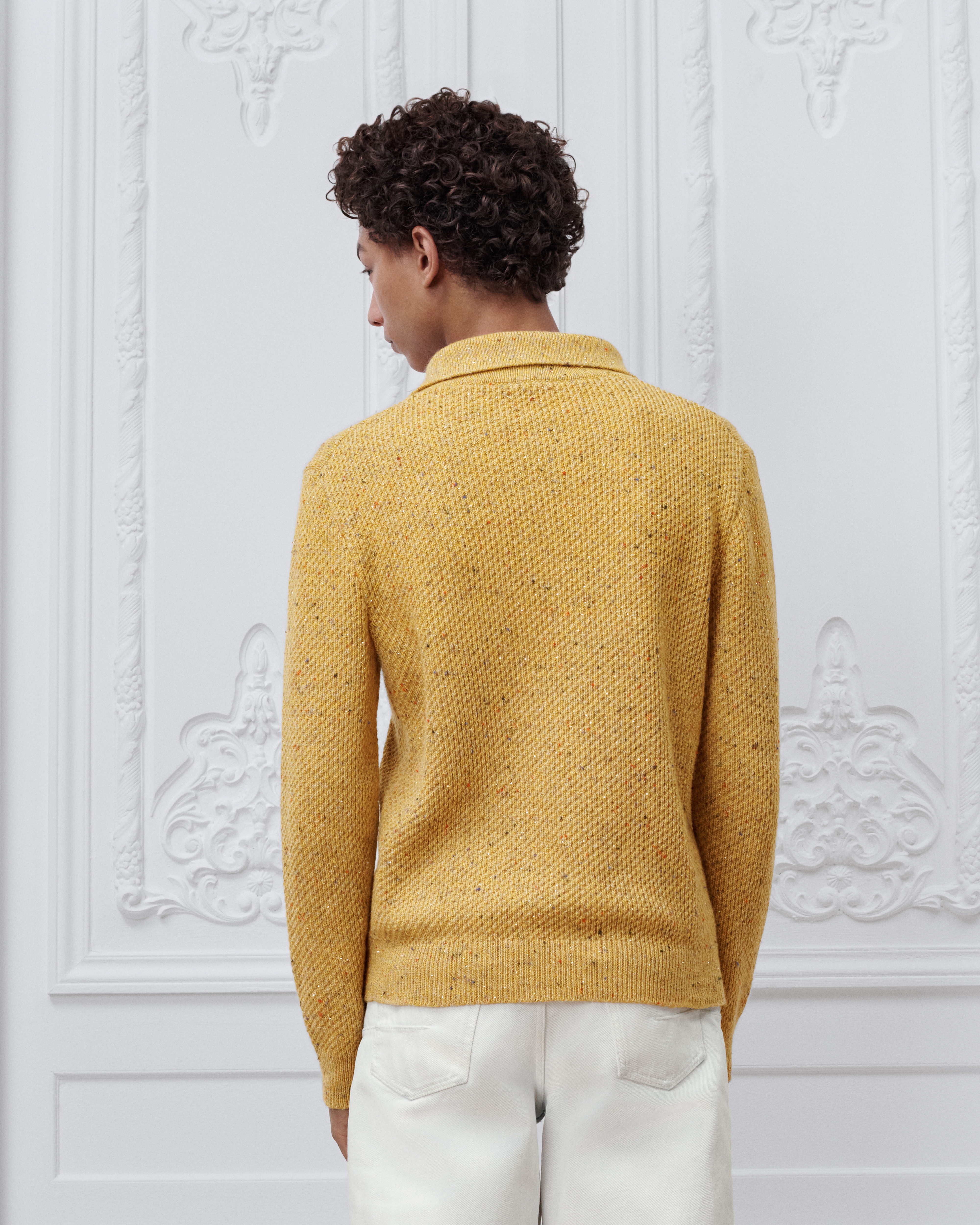 Pull à col boutonné, coupe regular Maille de laine vierge, cachemire et mohair mélangés effet tweed jaune E09