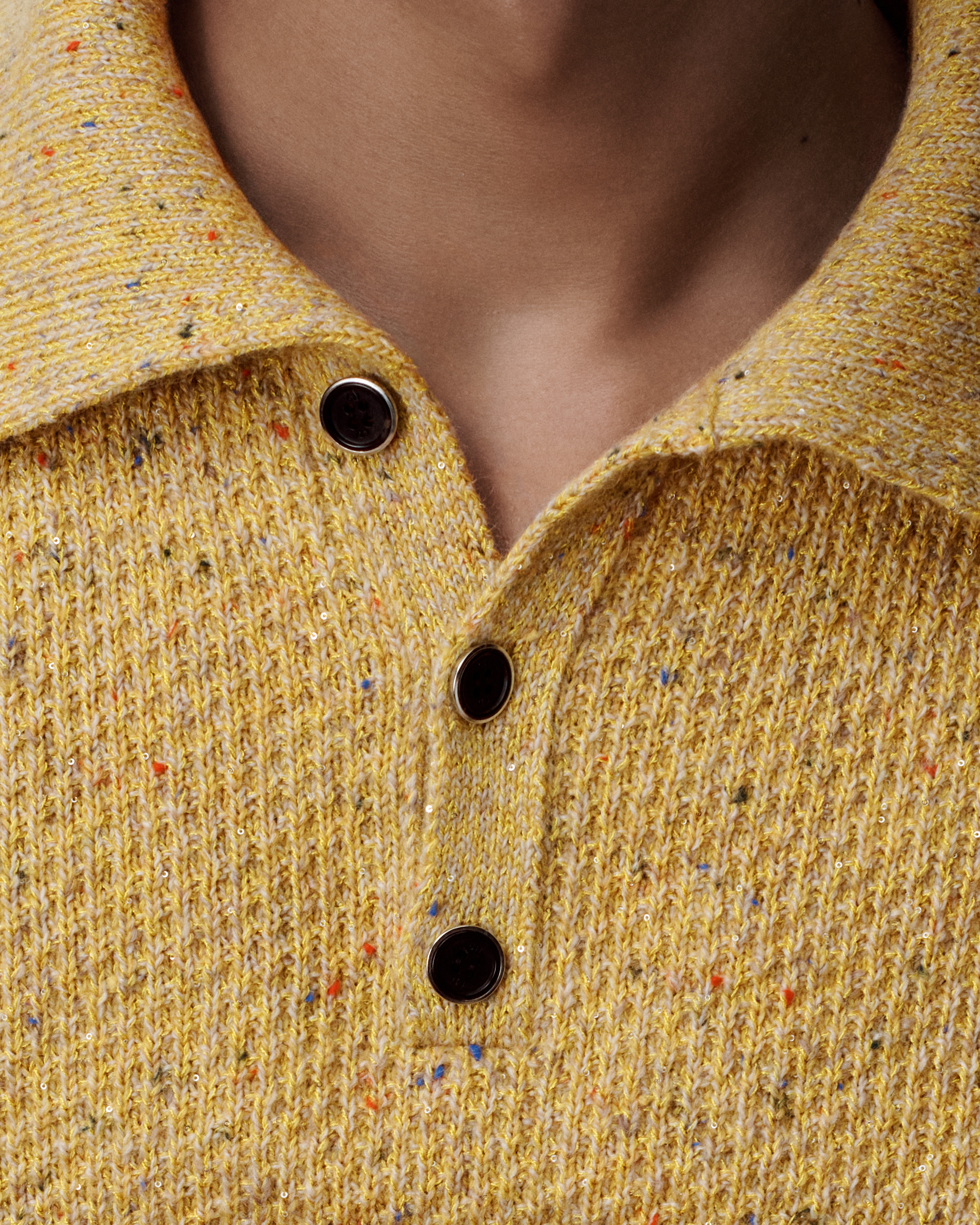 Pull à col boutonné, coupe regular Maille de laine vierge, cachemire et mohair mélangés effet tweed jaune E10