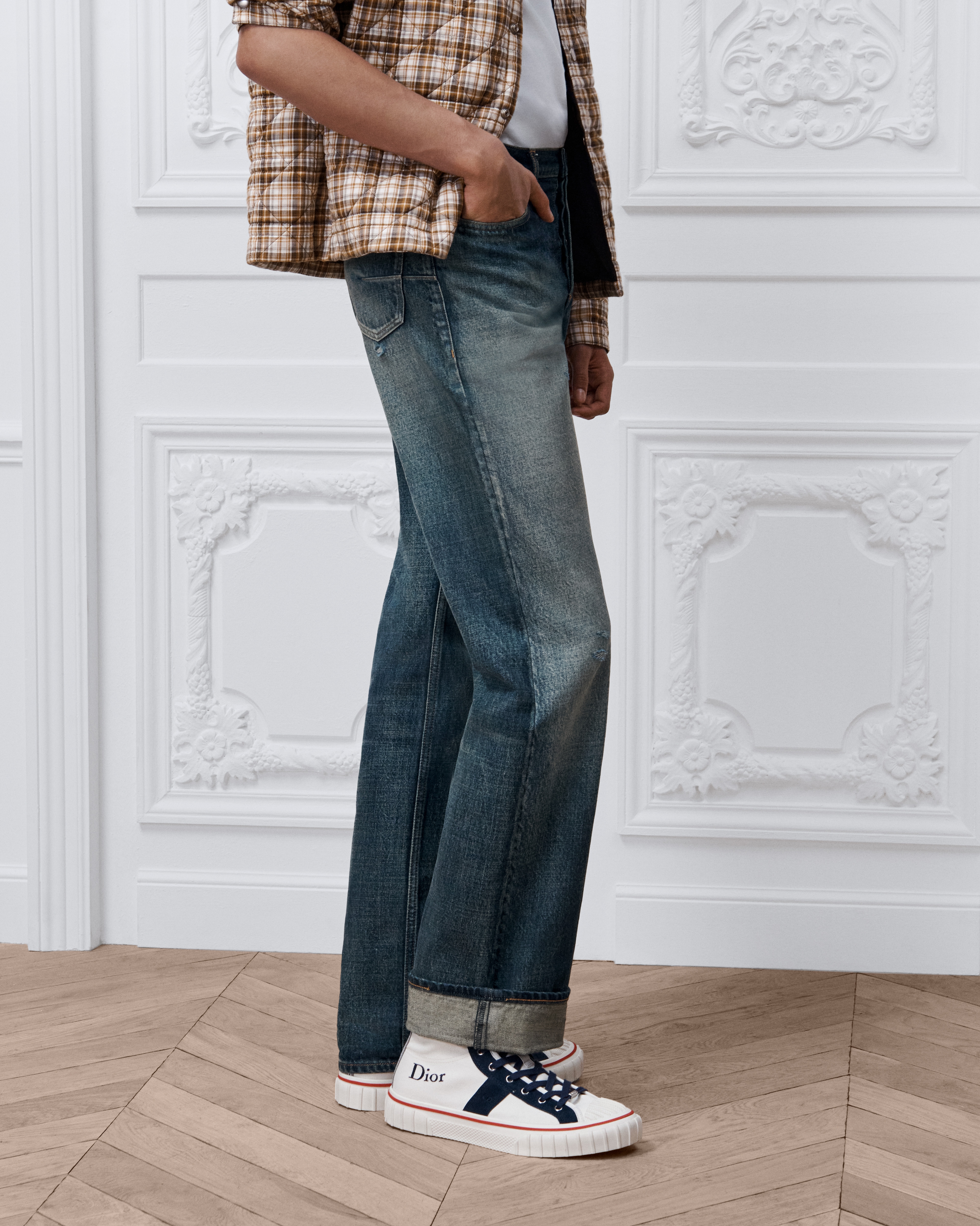 Calça jeans de perna ampla Twill de algodão azul E13