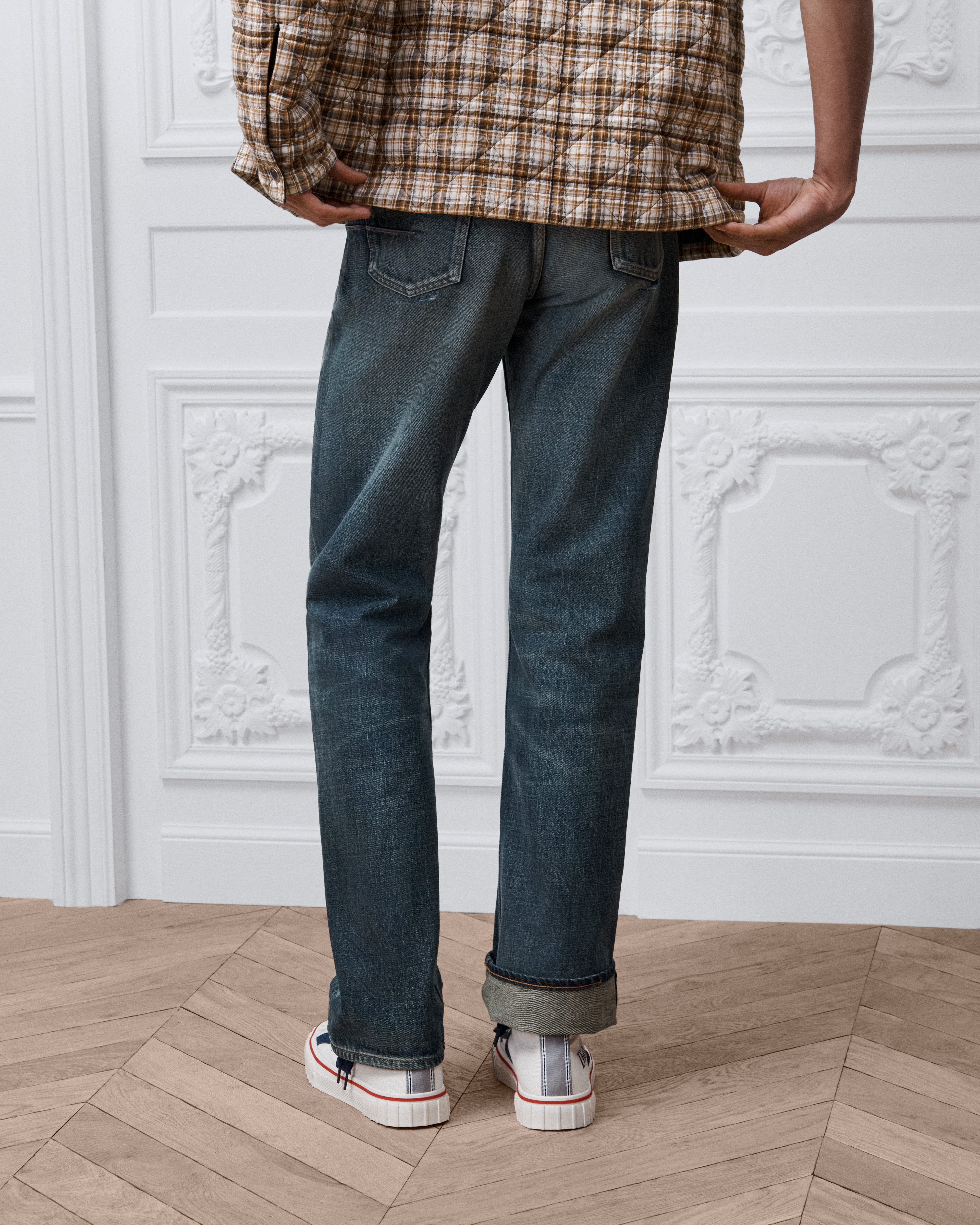 Calça jeans de perna ampla Twill de algodão azul E15