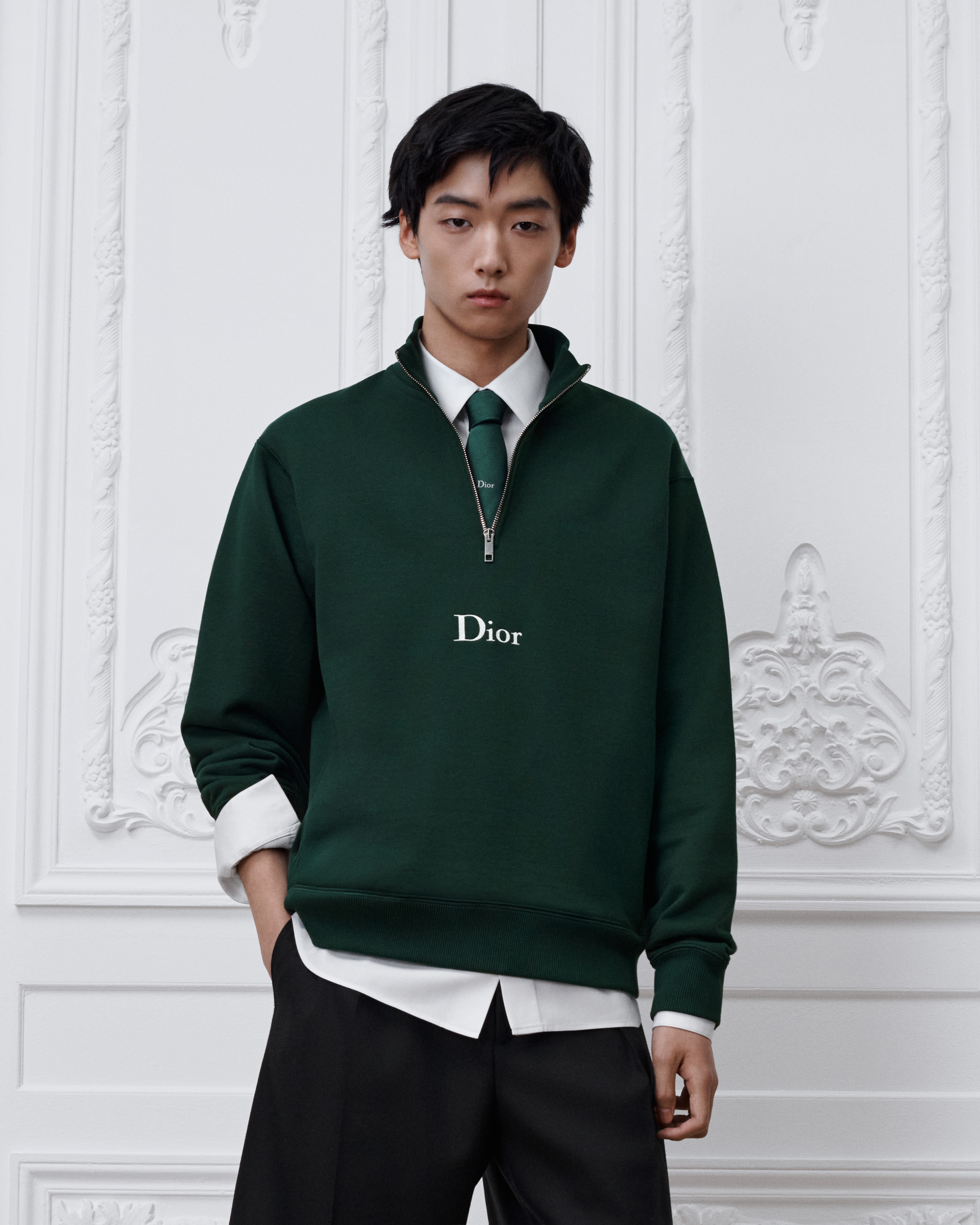 Sudadera con cremallera en el cuello, corte regular Felpa de algodón verde E07