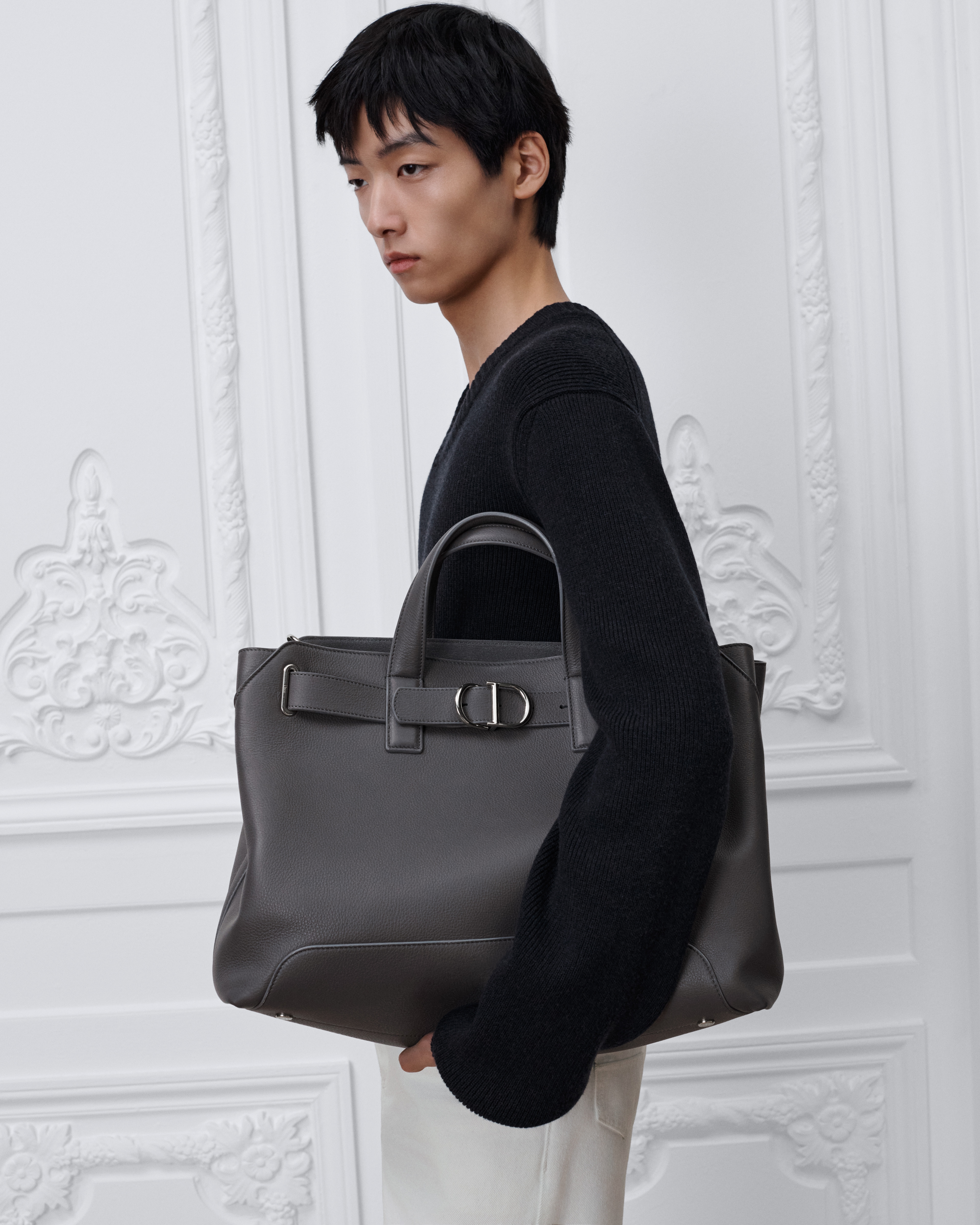 Bolsa tote Dior Normandie média Couro de vitelo granulado Gris Flanelle E19