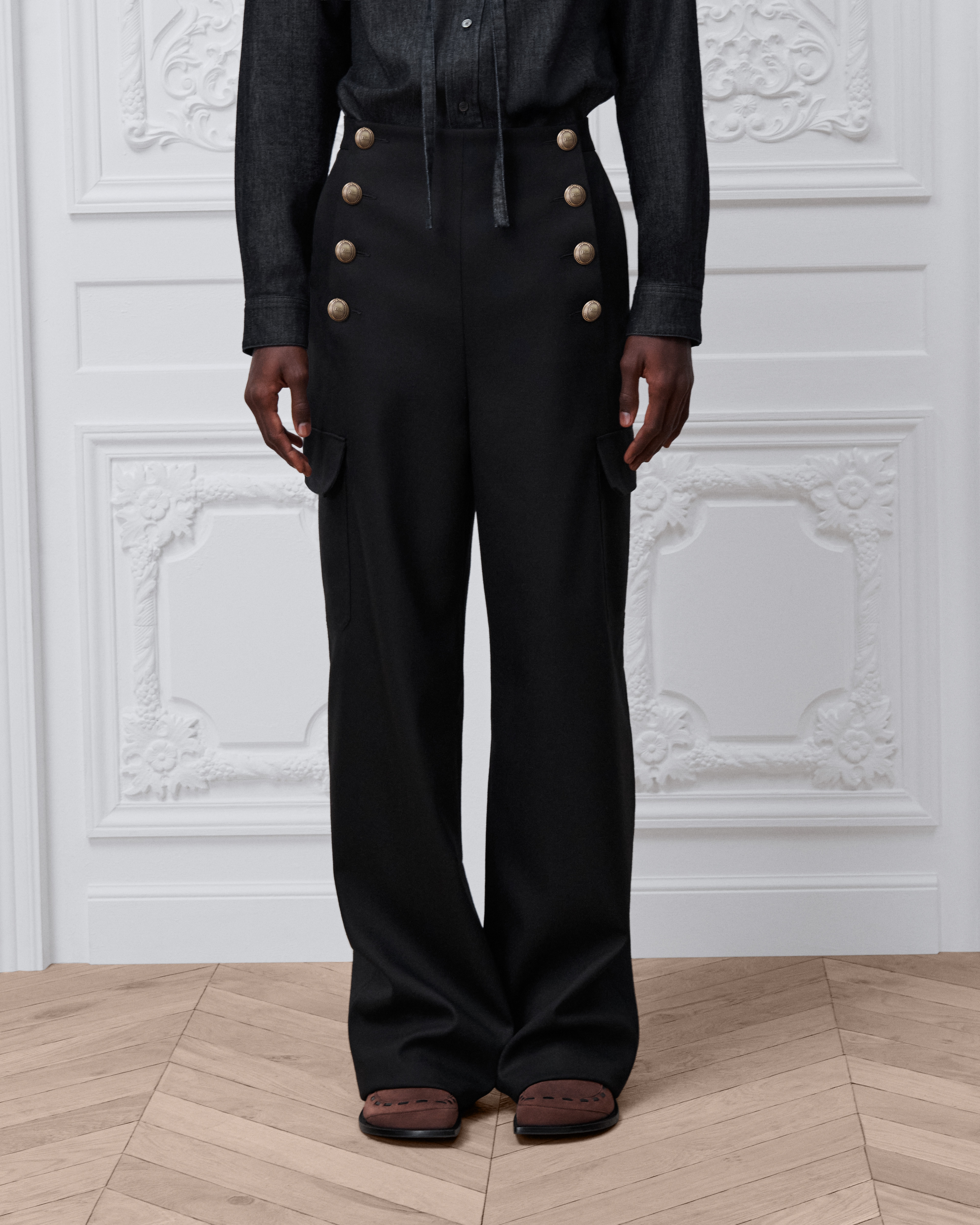 Pantalones de corte ancho con botones Dior Médaillon Drill de lana negro E13